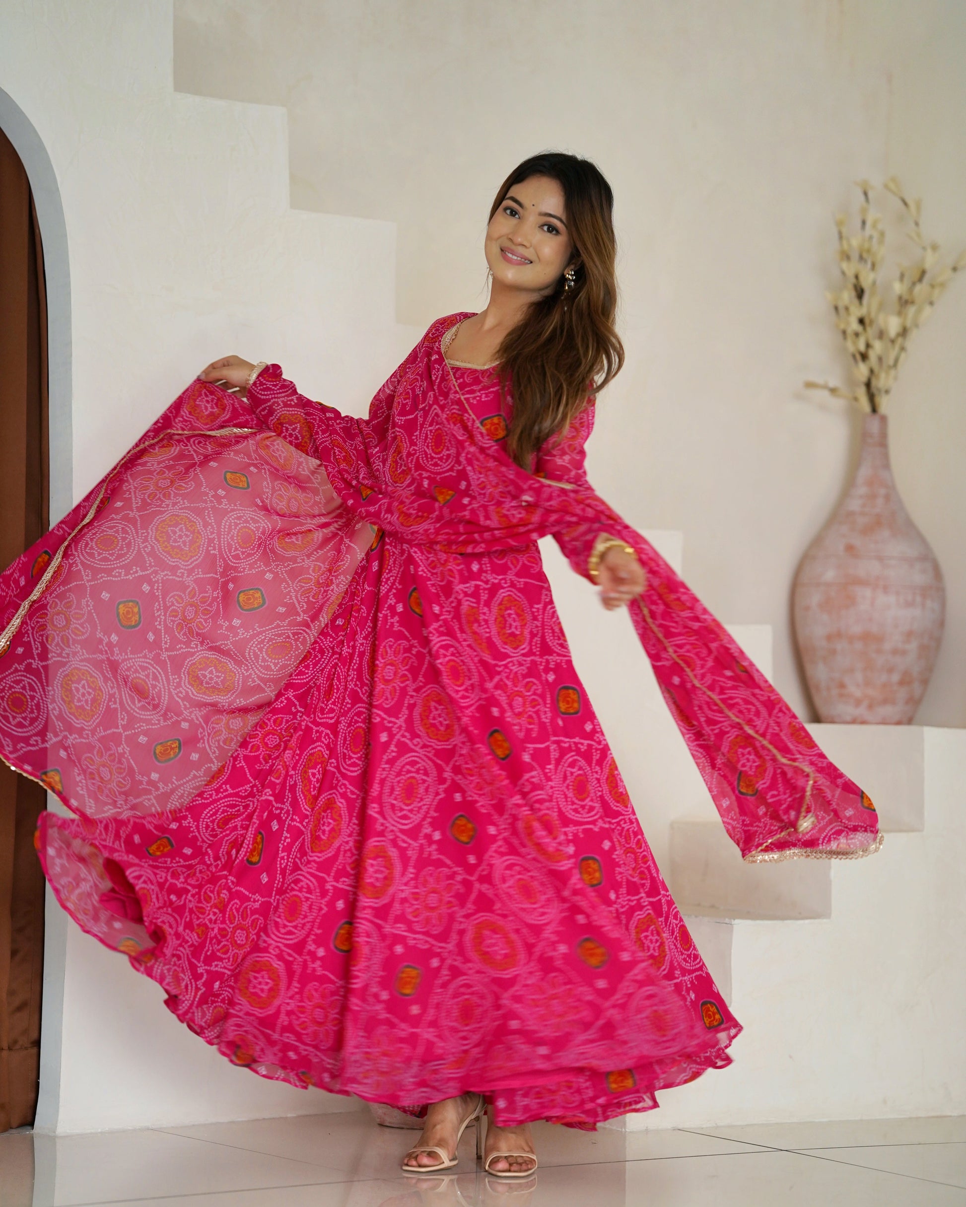 Stylish Pure Chiffon Intricate Bandhej Printed Anarkali Pant Suit - Ethnicwish