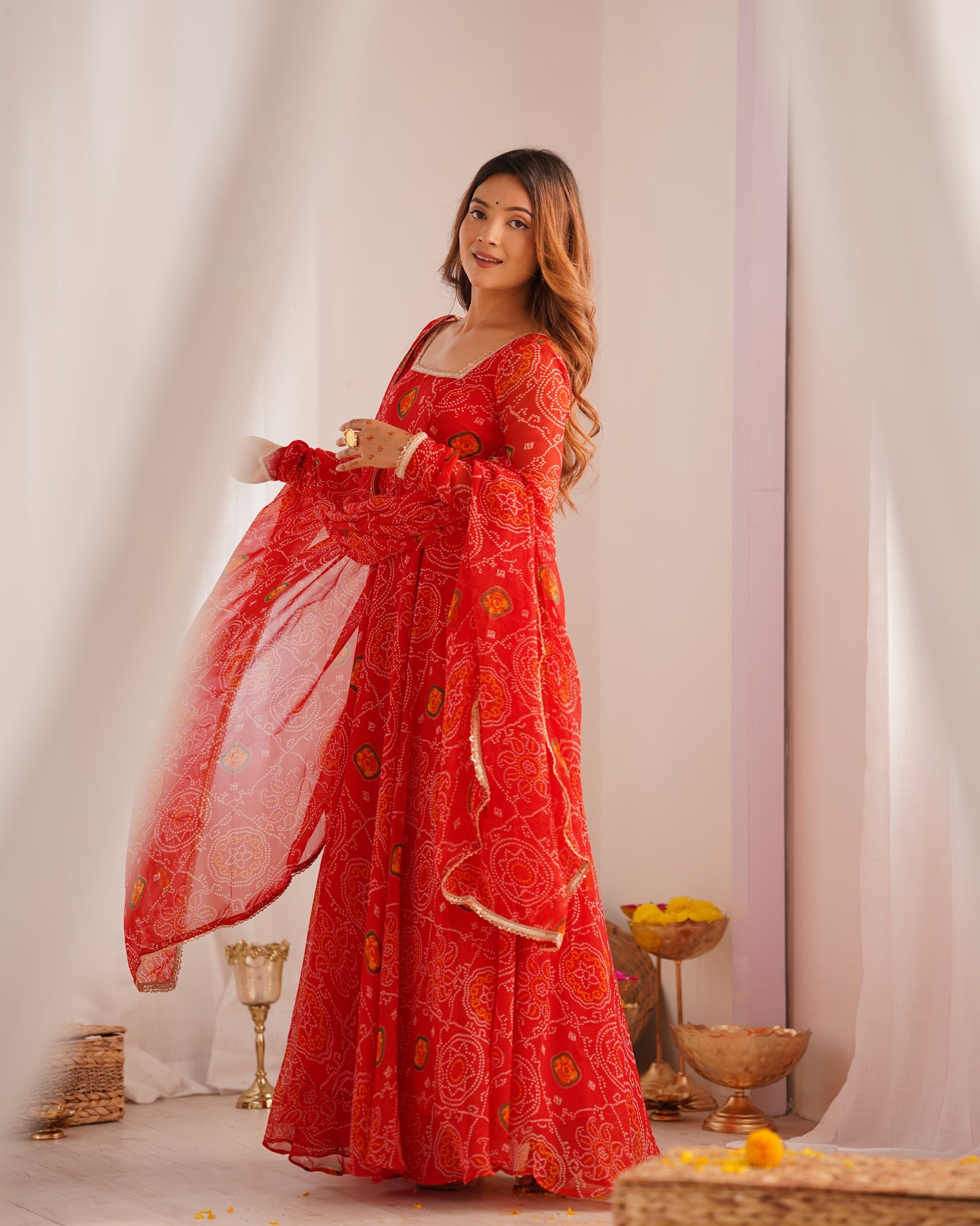 Stylish Pure Chiffon Intricate Bandhej Printed Anarkali Pant Suit - Ethnicwish