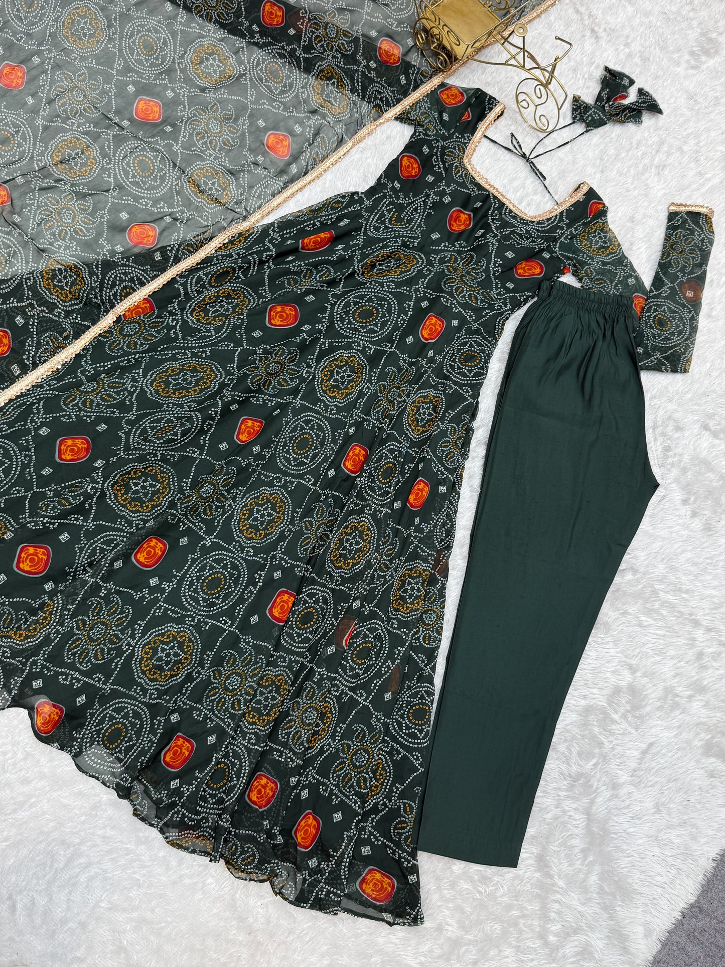 Stylish Pure Chiffon Intricate Bandhej Printed Anarkali Pant Suit