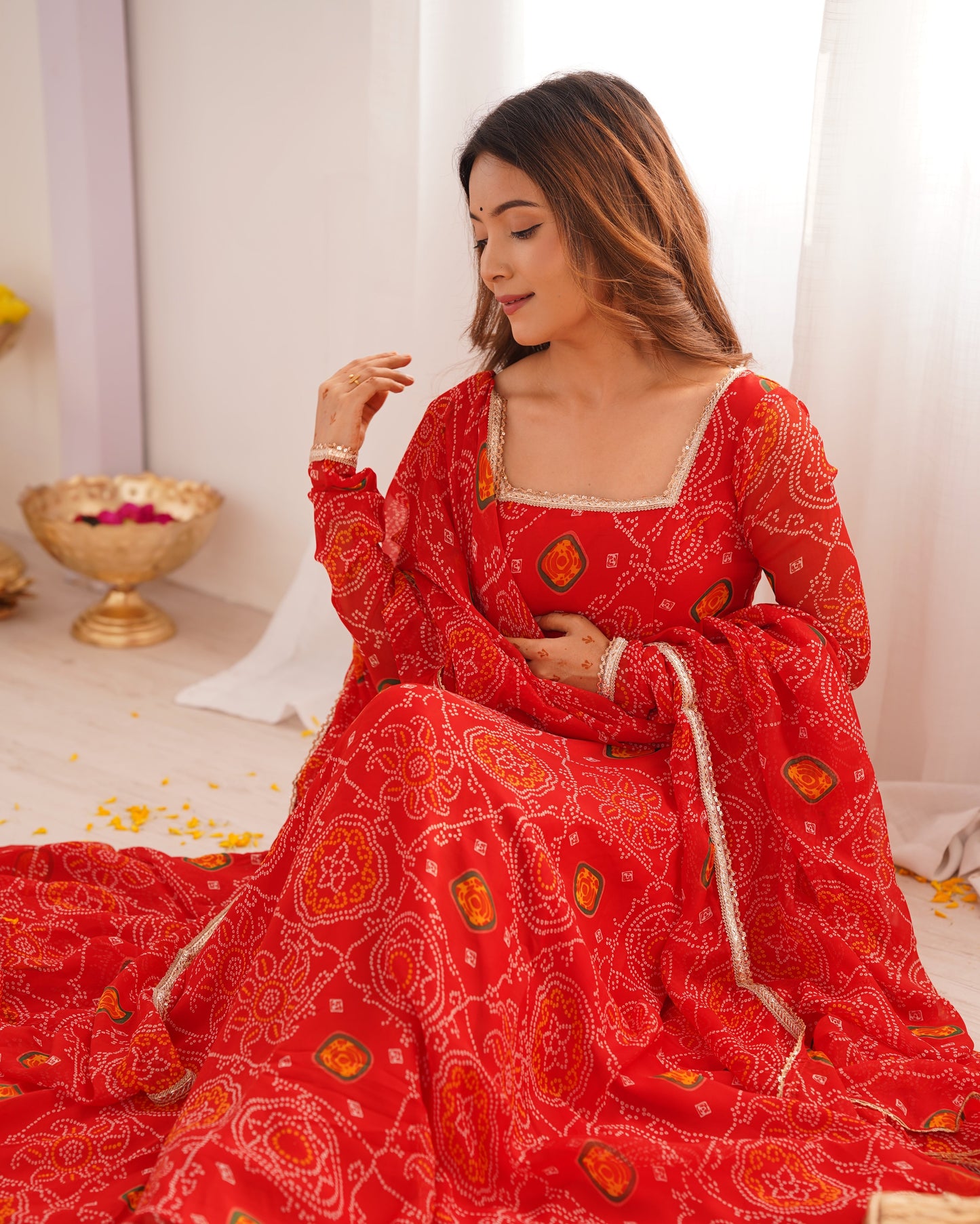 Stylish Pure Chiffon Intricate Bandhej Printed Anarkali Pant Suit - Ethnicwish