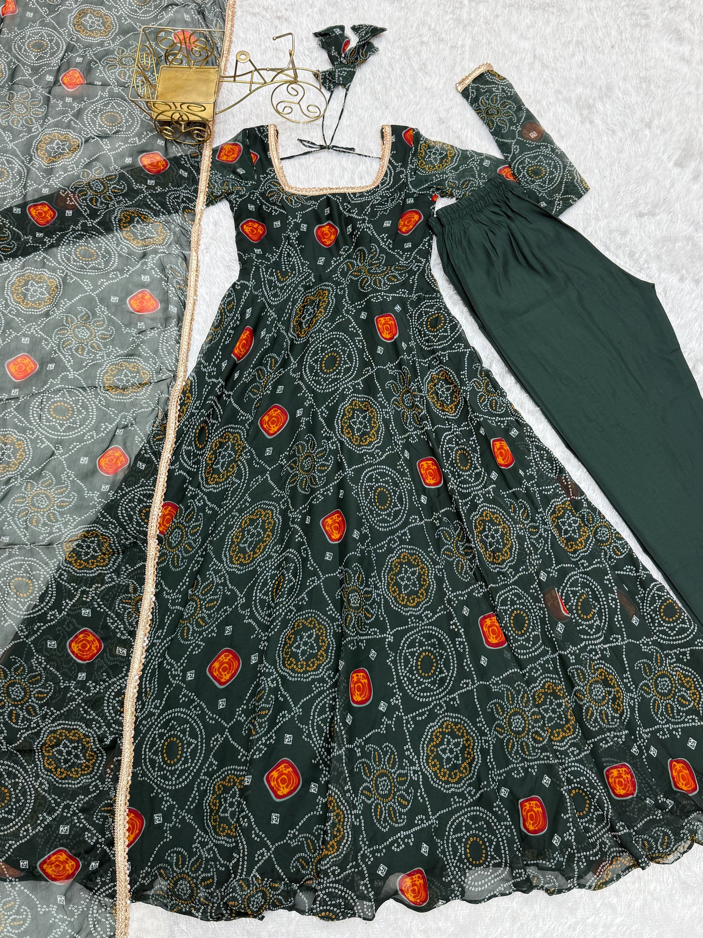 Stylish Pure Chiffon Intricate Bandhej Printed Anarkali Pant Suit