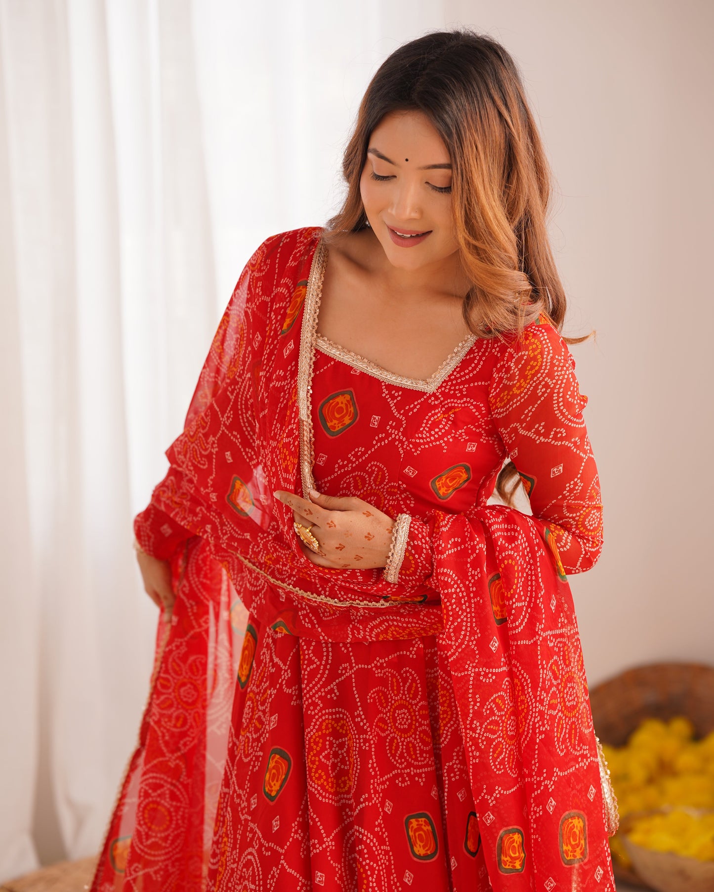 Stylish Pure Chiffon Intricate Bandhej Printed Anarkali Pant Suit - Ethnicwish