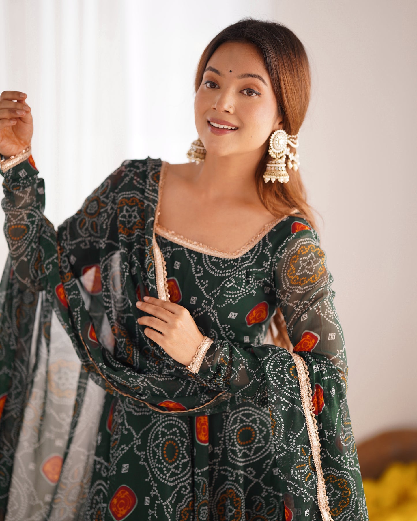 Stylish Pure Chiffon Intricate Bandhej Printed Anarkali Pant Suit