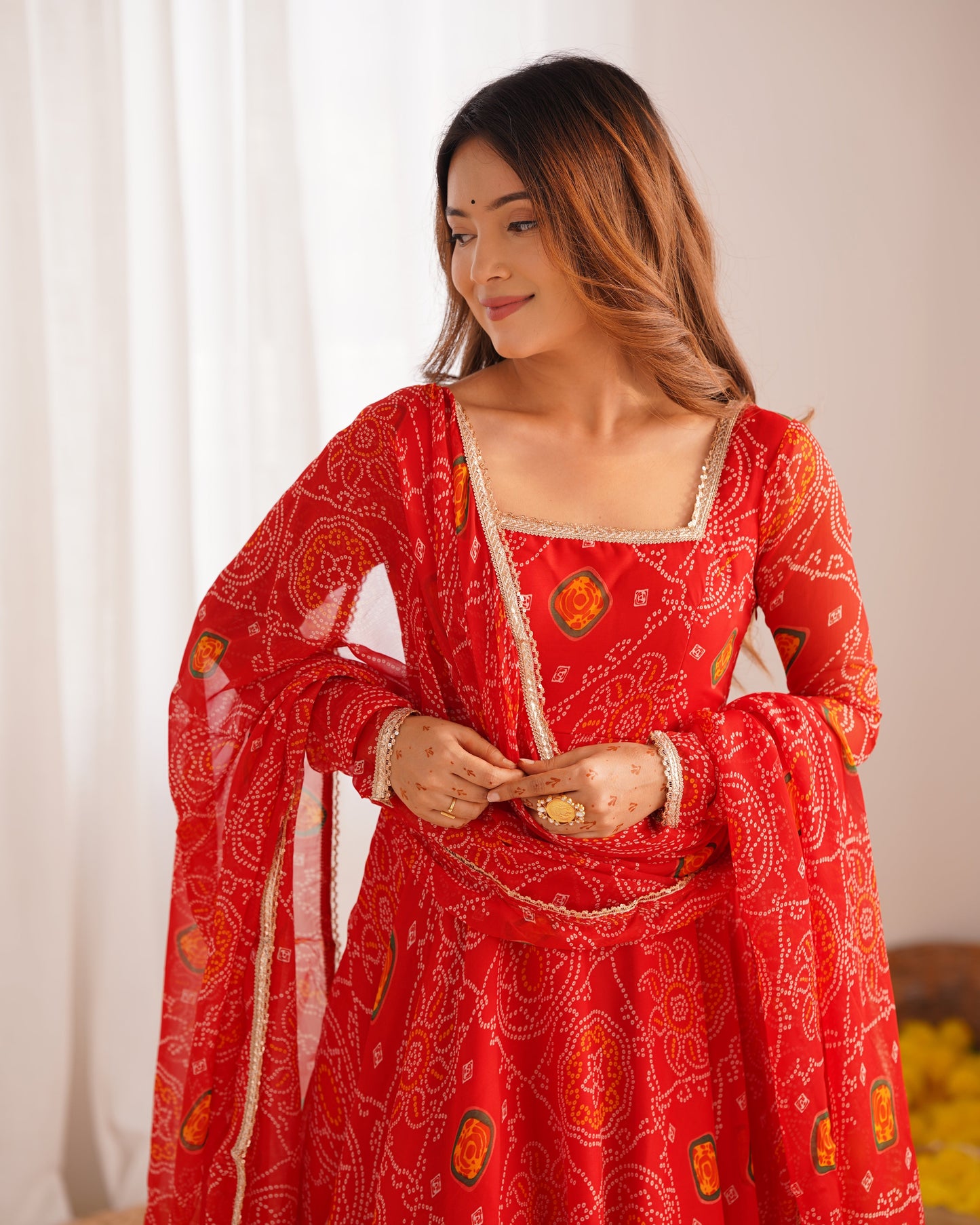 Stylish Pure Chiffon Intricate Bandhej Printed Anarkali Pant Suit - Ethnicwish