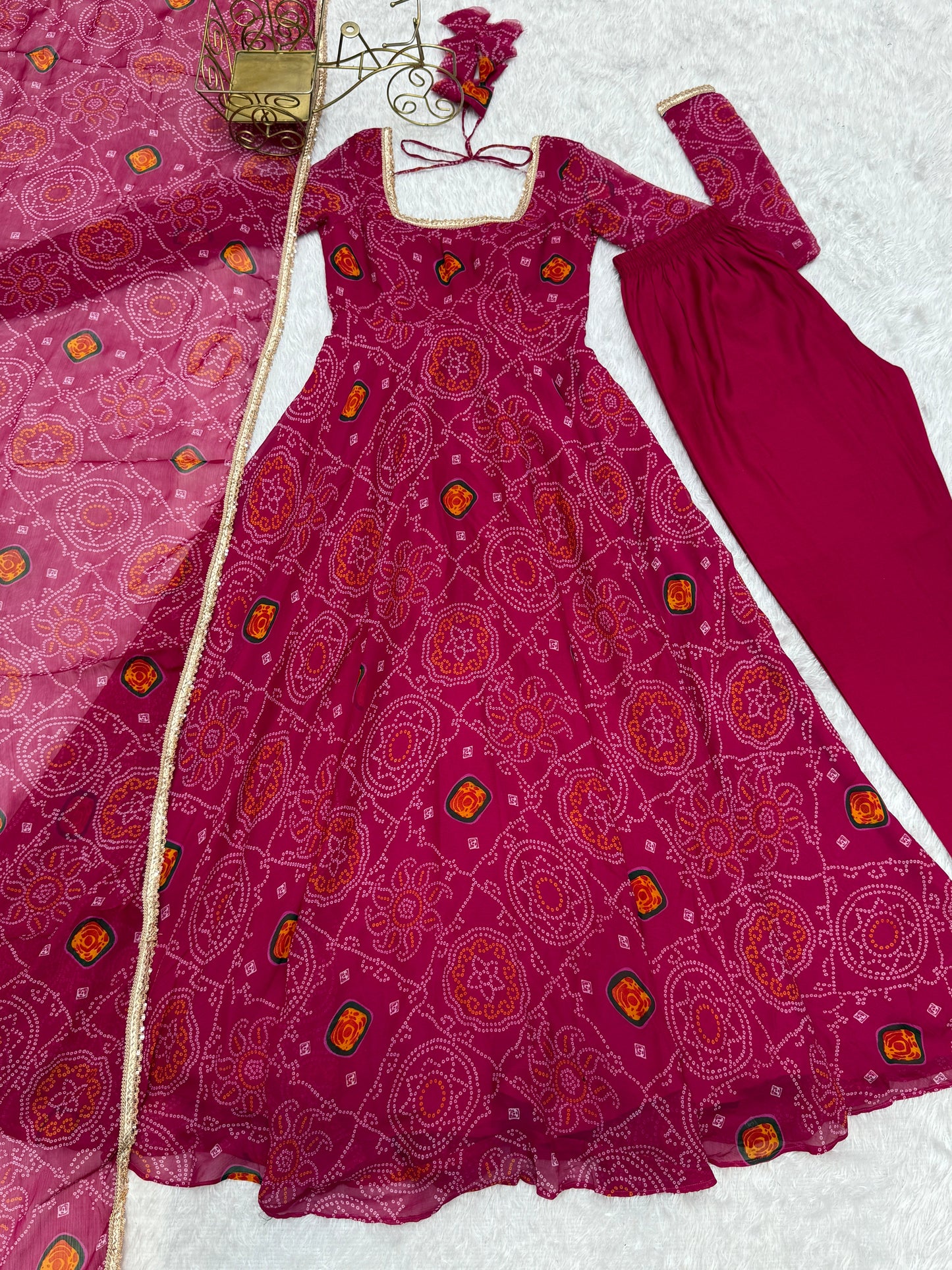 Stylish Pure Chiffon Intricate Bandhej Printed Anarkali Pant Suit - Ethnicwish