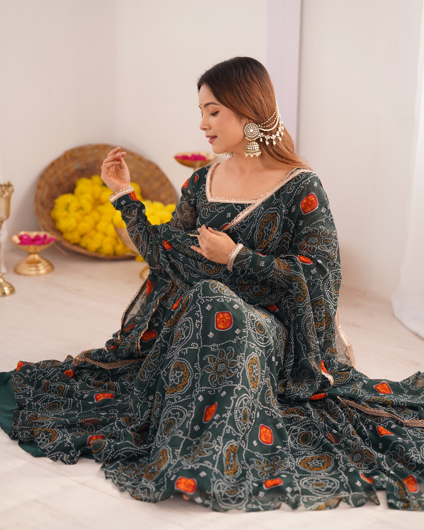 Stylish Pure Chiffon Intricate Bandhej Printed Anarkali Pant Suit