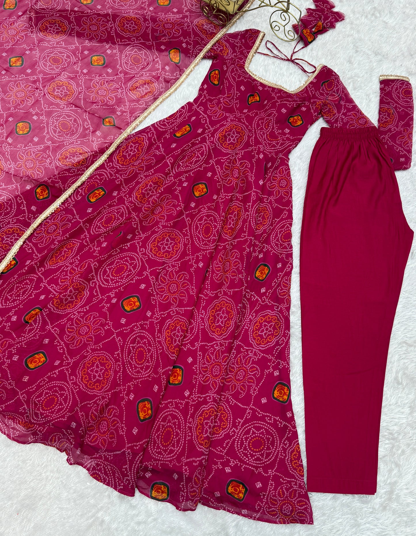Stylish Pure Chiffon Intricate Bandhej Printed Anarkali Pant Suit - Ethnicwish