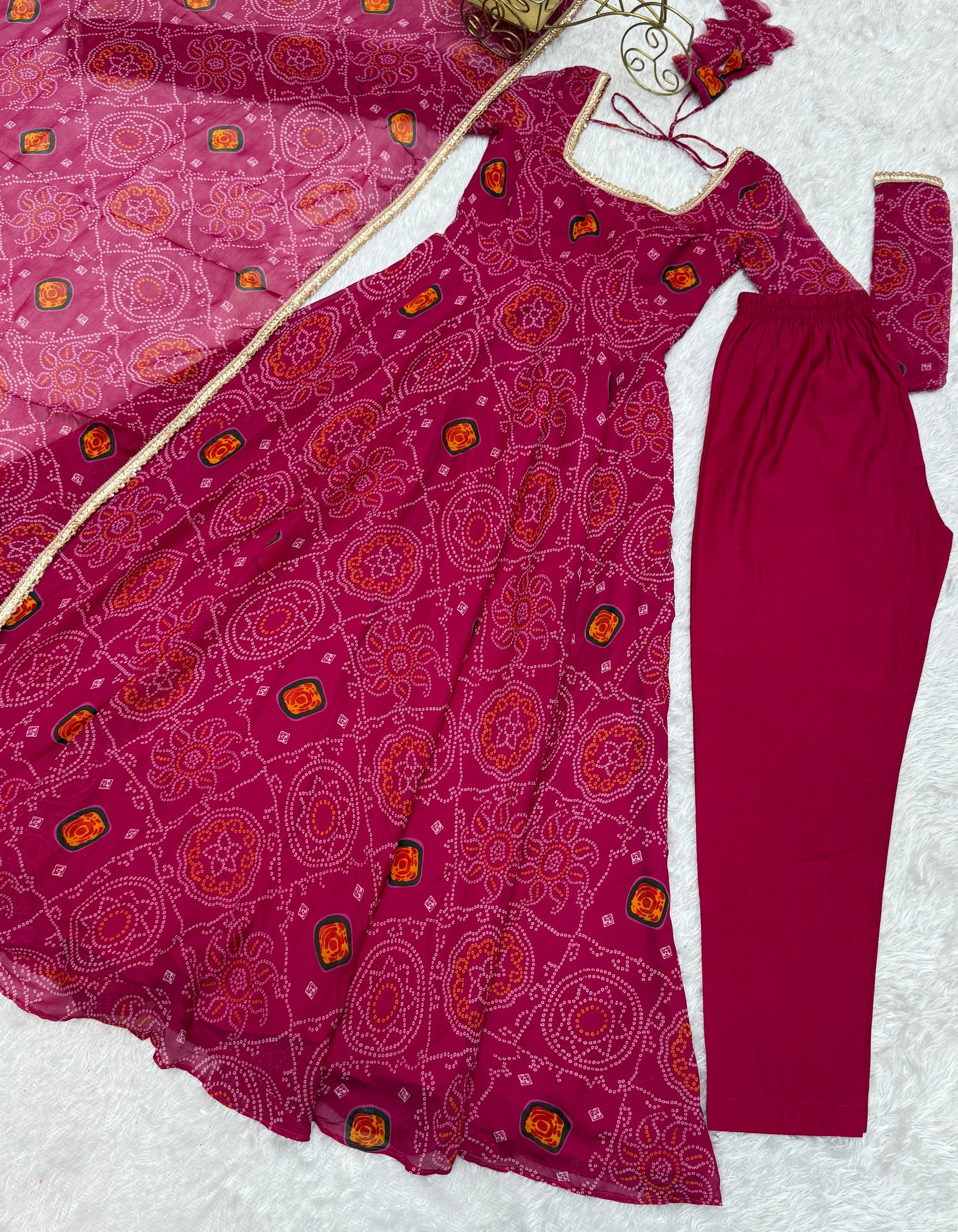 Stylish Pure Chiffon Intricate Bandhej Printed Anarkali Pant Suit - Ethnicwish