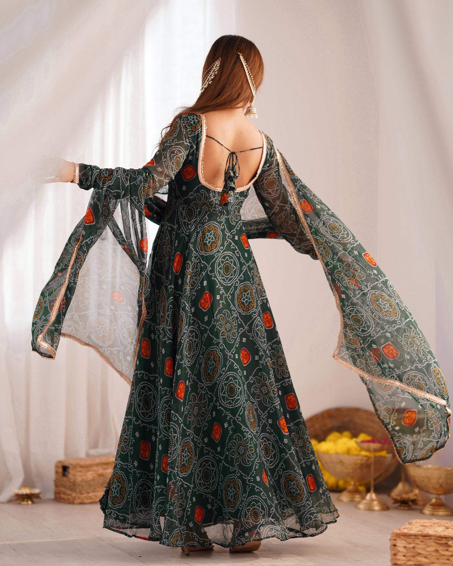 Stylish Pure Chiffon Intricate Bandhej Printed Anarkali Pant Suit