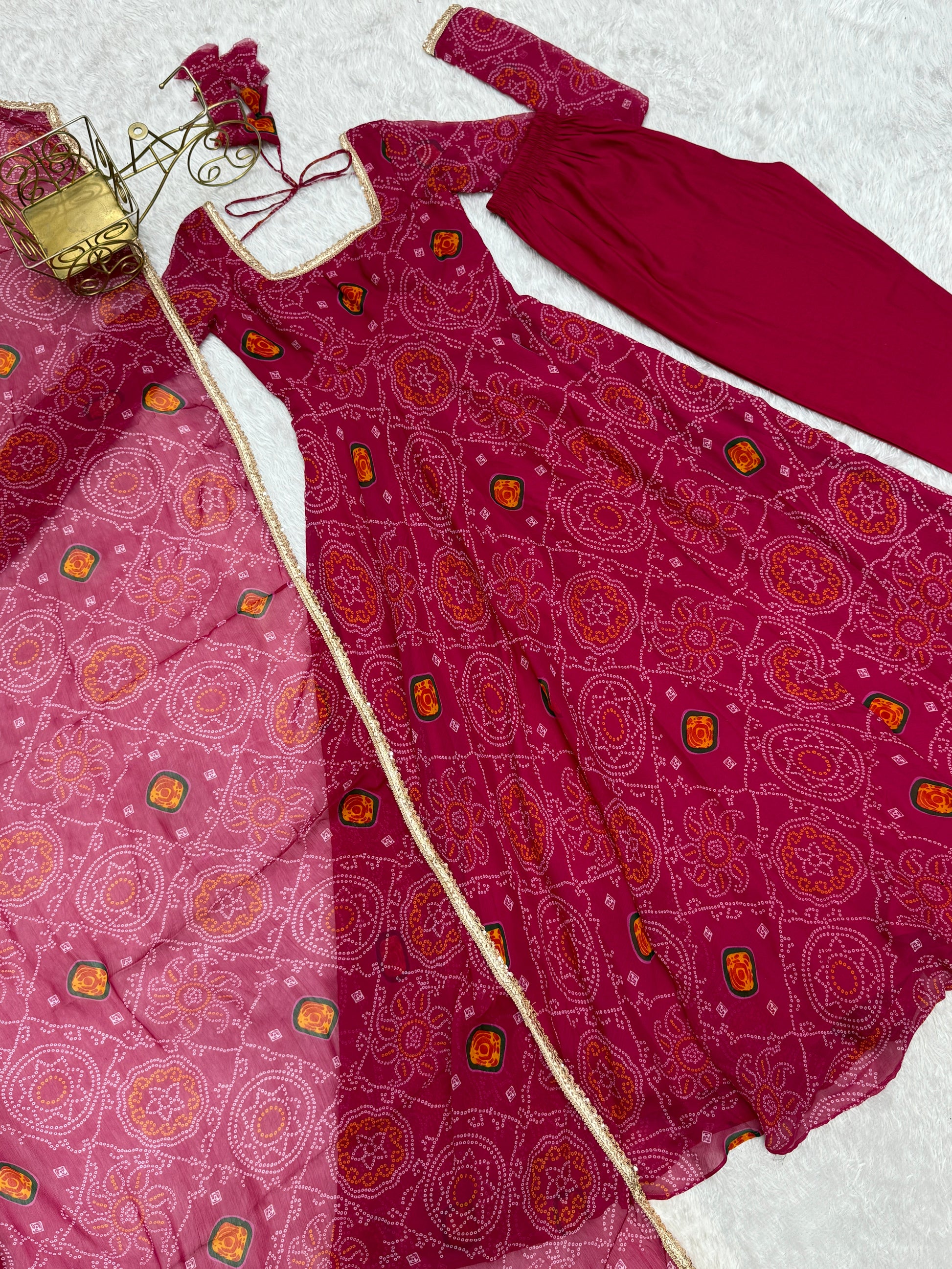 Stylish Pure Chiffon Intricate Bandhej Printed Anarkali Pant Suit - Ethnicwish