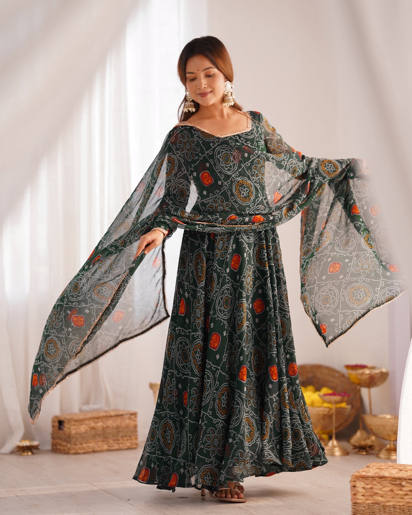 Stylish Pure Chiffon Intricate Bandhej Printed Anarkali Pant Suit