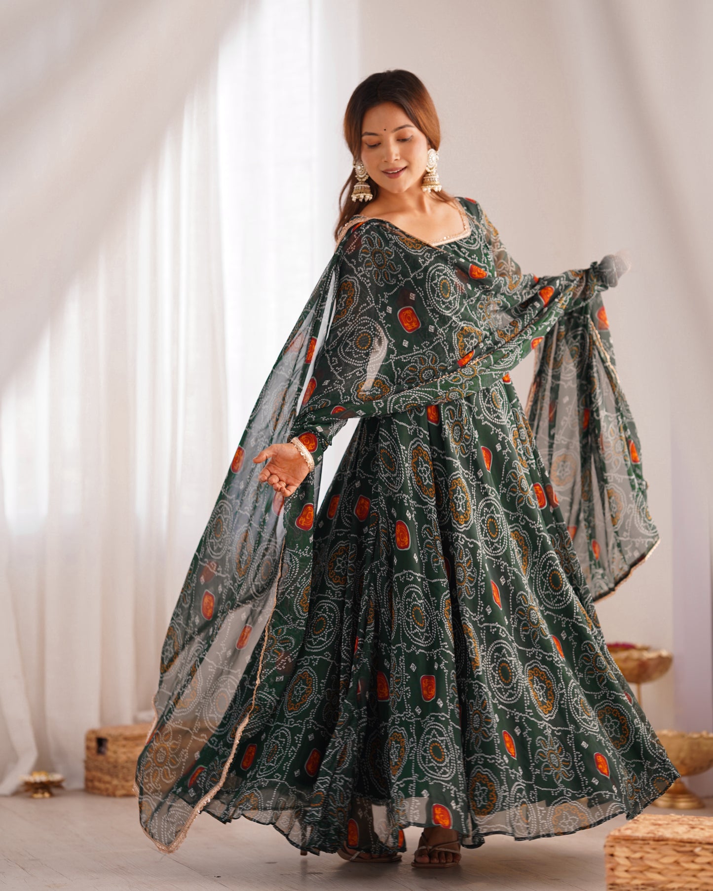 Stylish Pure Chiffon Intricate Bandhej Printed Anarkali Pant Suit