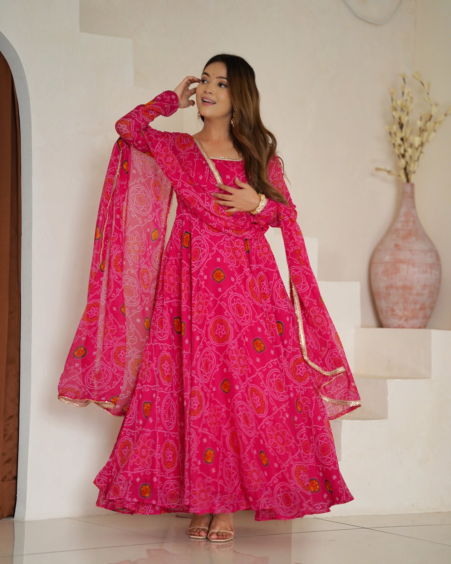 Stylish Pure Chiffon Intricate Bandhej Printed Anarkali Pant Suit - Ethnicwish