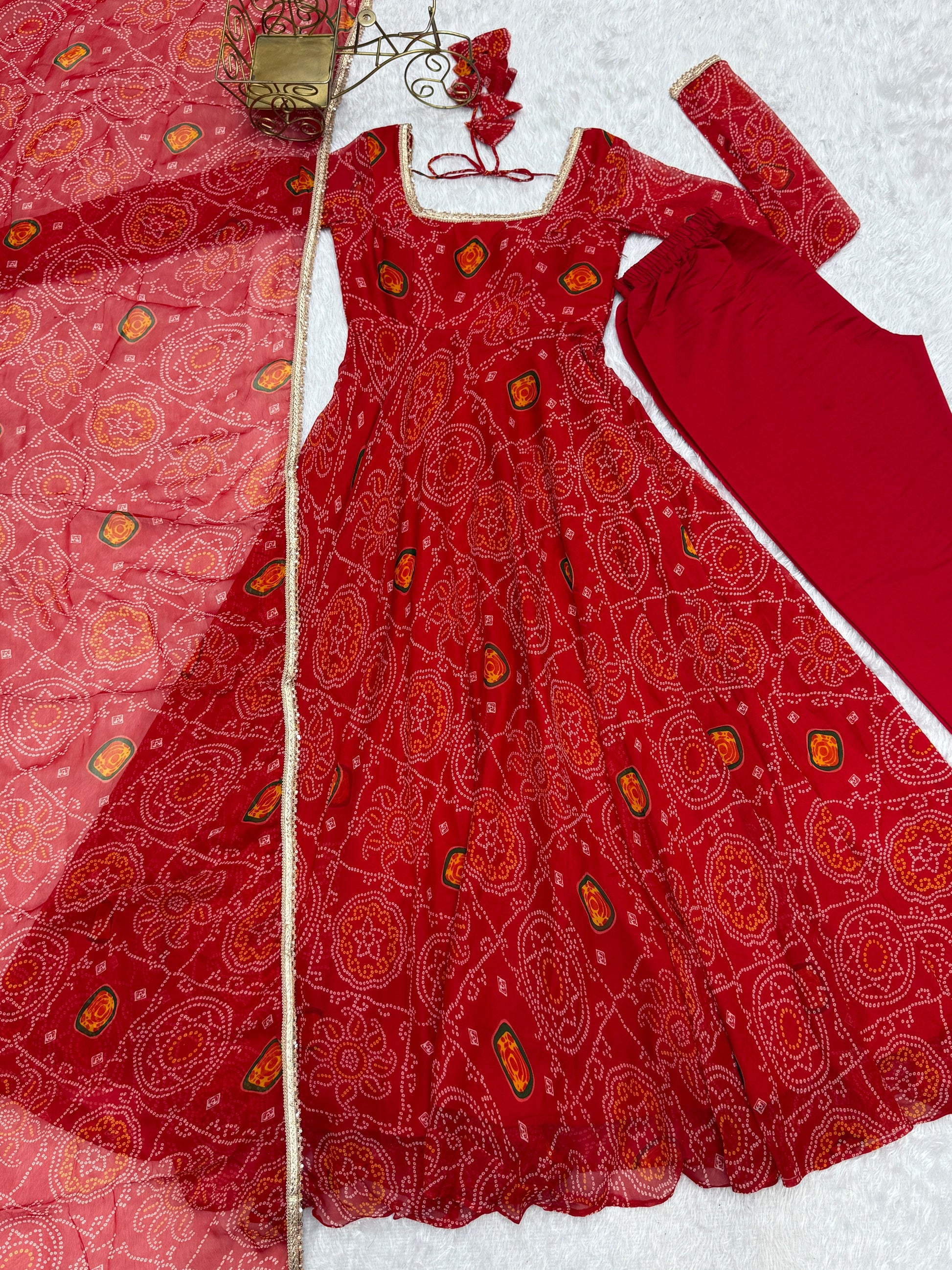 Stylish Pure Chiffon Intricate Bandhej Printed Anarkali Pant Suit - Ethnicwish
