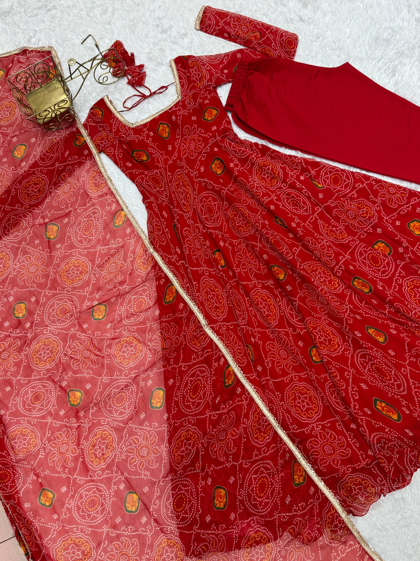 Stylish Pure Chiffon Intricate Bandhej Printed Anarkali Pant Suit - Ethnicwish