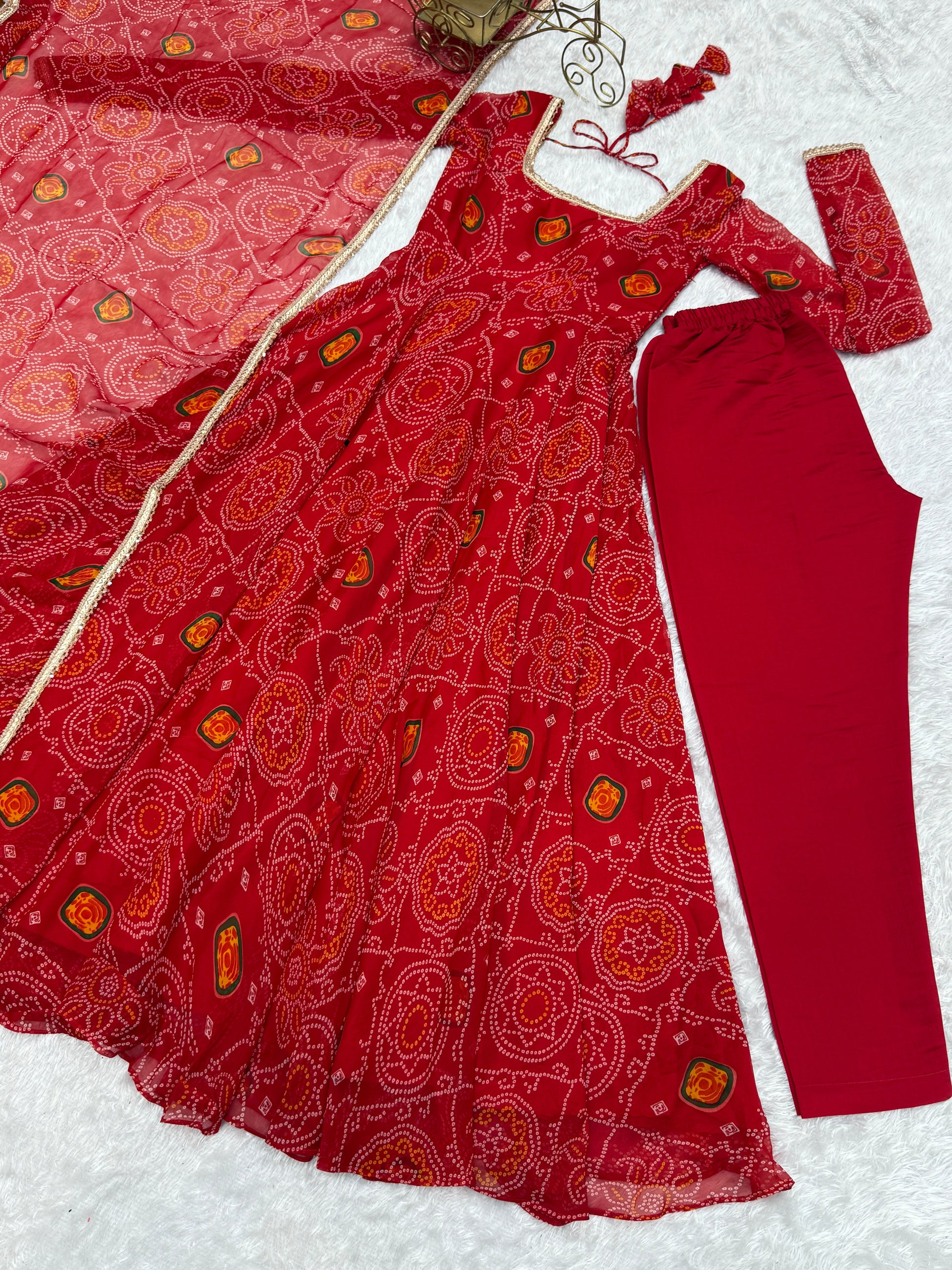 Stylish Pure Chiffon Intricate Bandhej Printed Anarkali Pant Suit - Ethnicwish