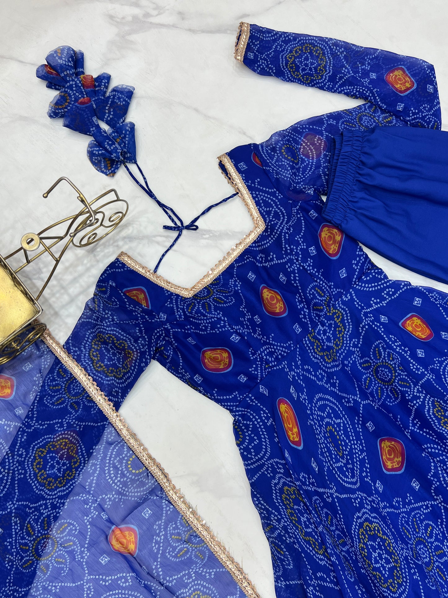 Stylish Pure Chiffon Intricate Bandhej Printed Anarkali Pant Suit