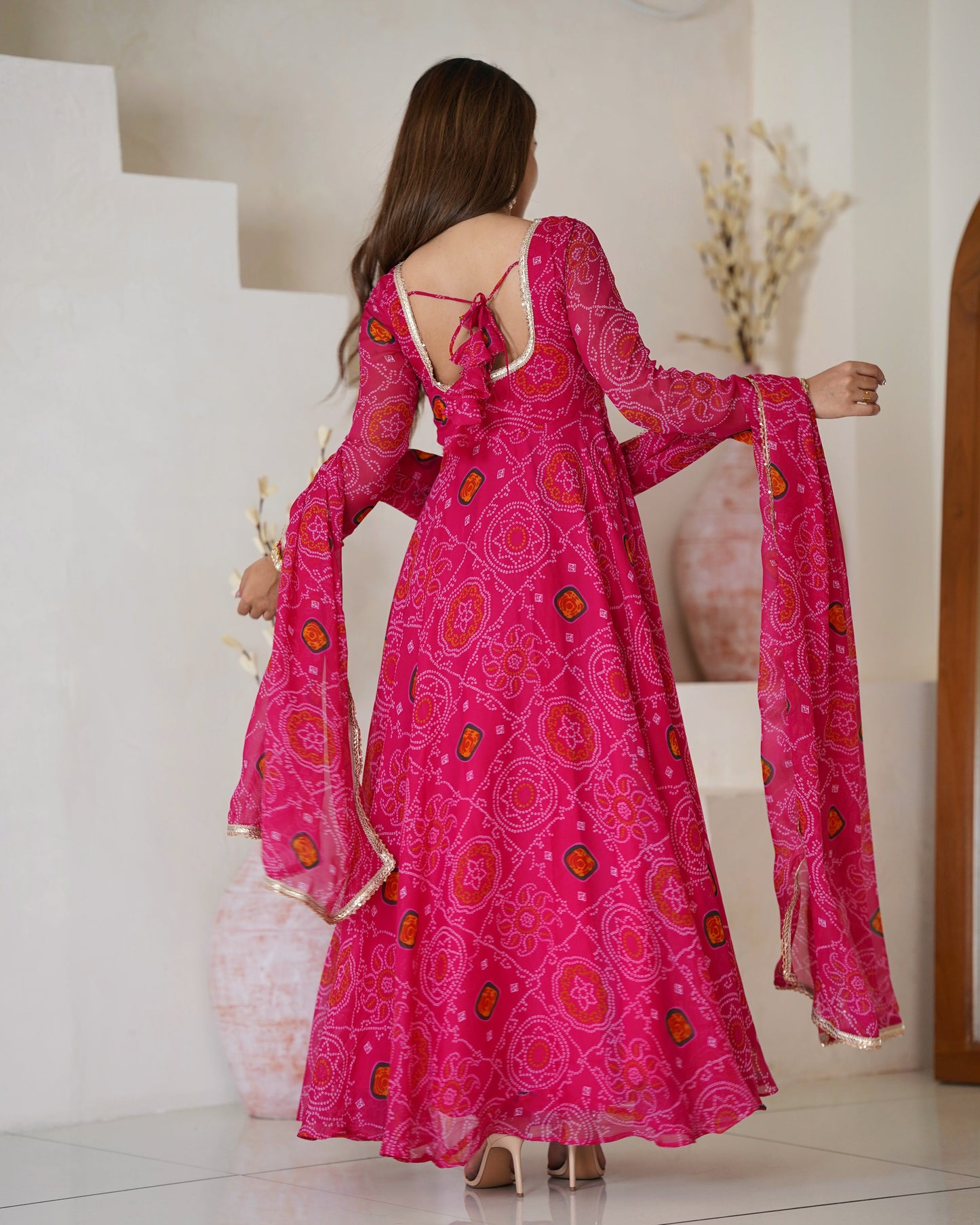 Stylish Pure Chiffon Intricate Bandhej Printed Anarkali Pant Suit - Ethnicwish