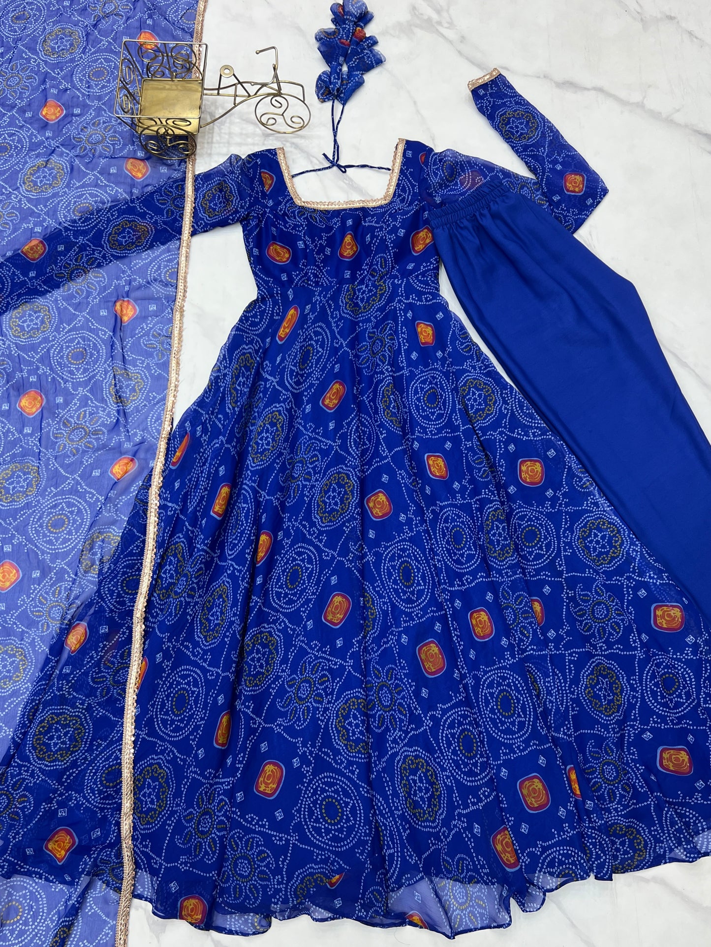 Stylish Pure Chiffon Intricate Bandhej Printed Anarkali Pant Suit