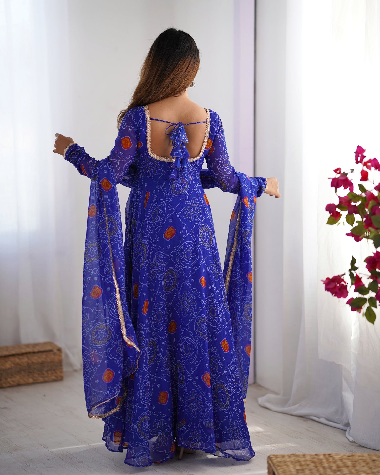 Stylish Pure Chiffon Intricate Bandhej Printed Anarkali Pant Suit