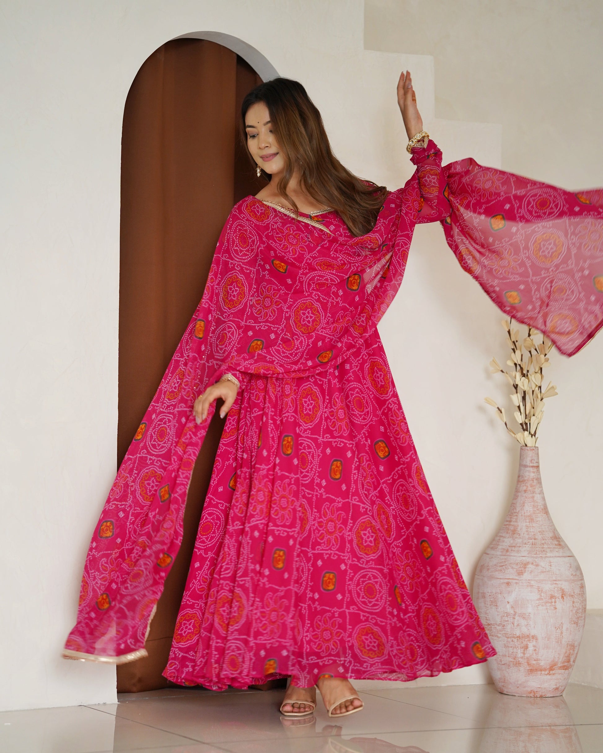 Stylish Pure Chiffon Intricate Bandhej Printed Anarkali Pant Suit - Ethnicwish