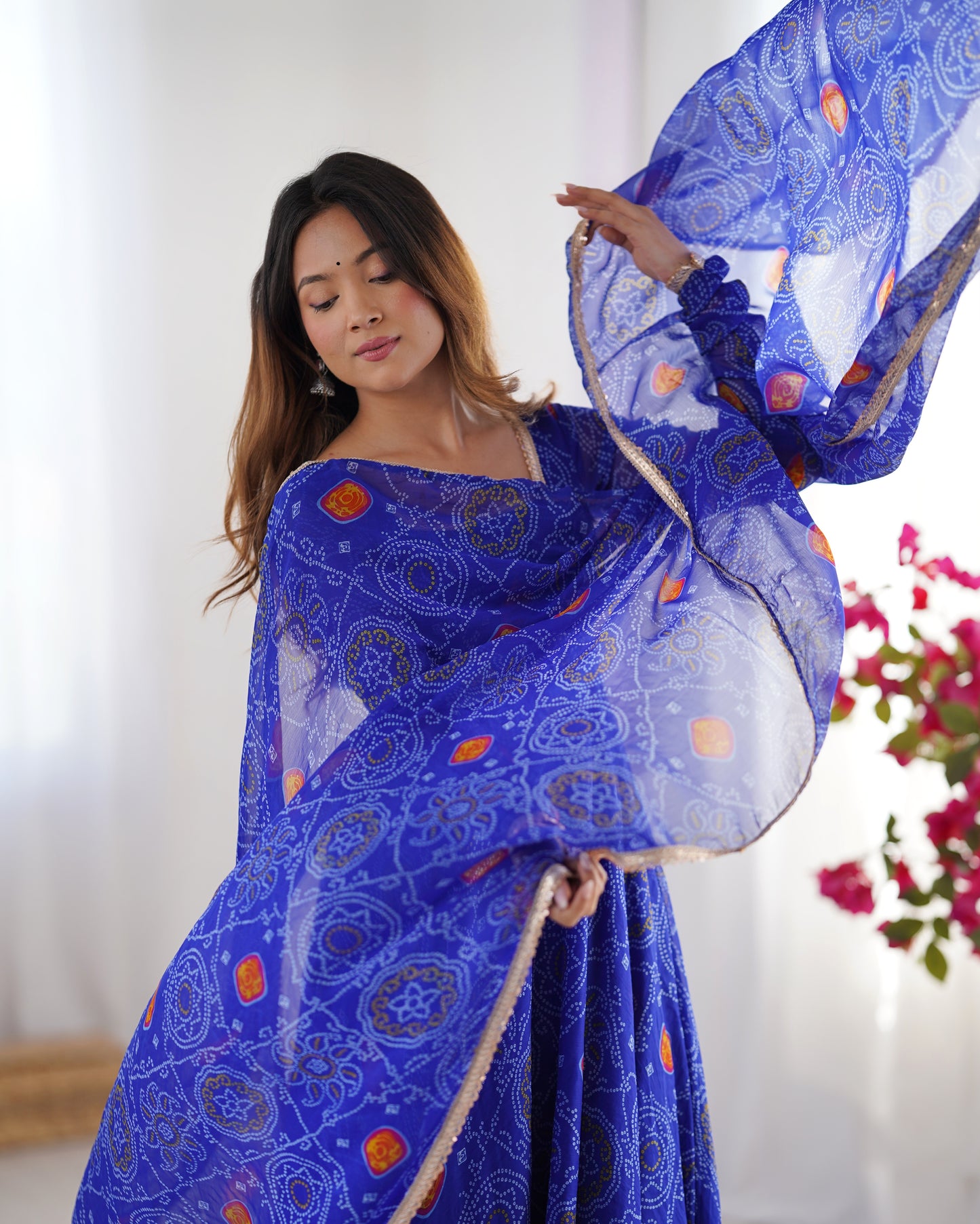 Stylish Pure Chiffon Intricate Bandhej Printed Anarkali Pant Suit