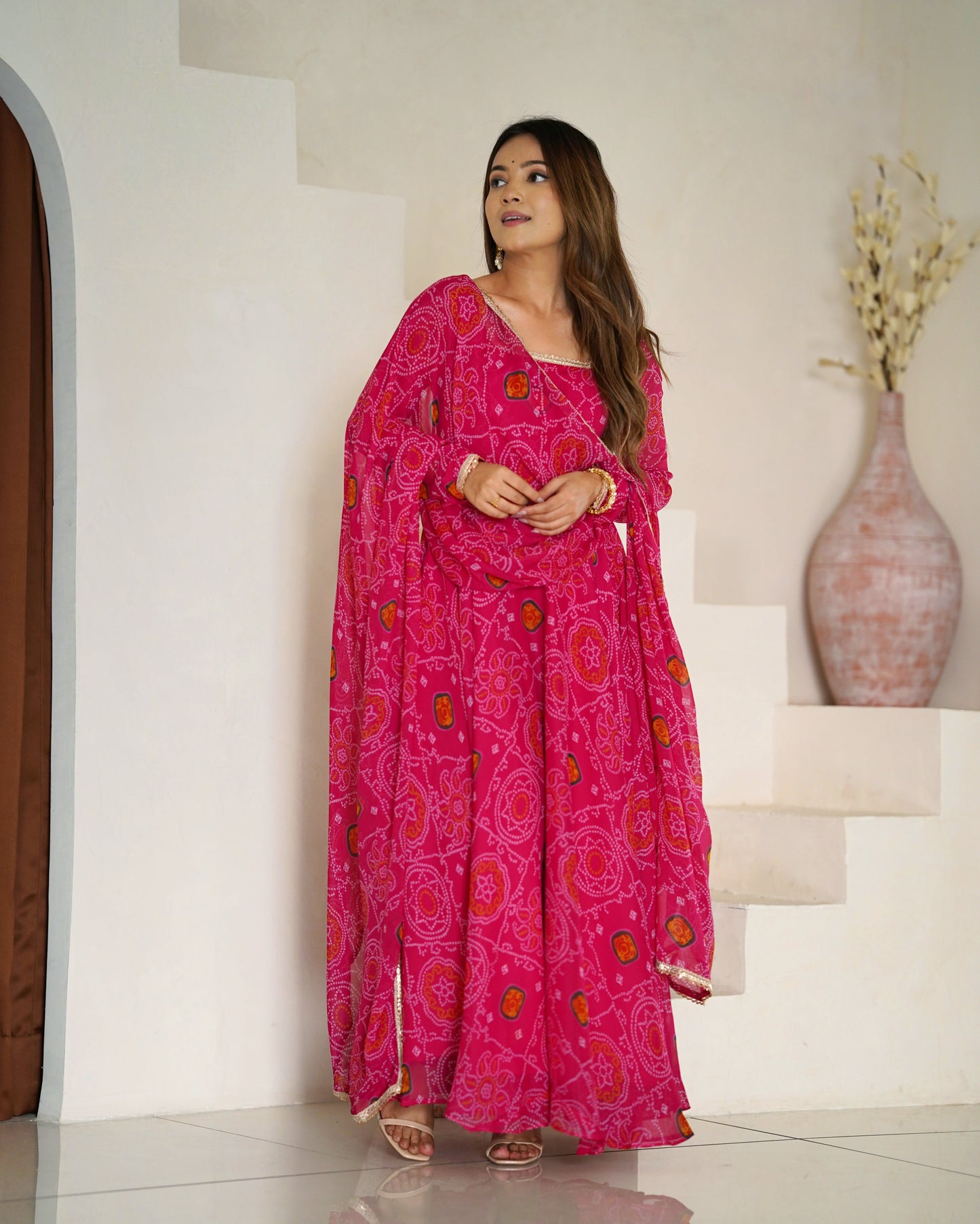 Stylish Pure Chiffon Intricate Bandhej Printed Anarkali Pant Suit - Ethnicwish