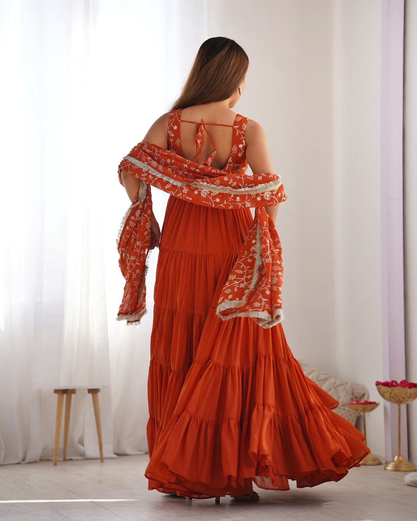 Regal Elegance in Every Twirl – Premium Rust Anarkali Set - Ethnicwish