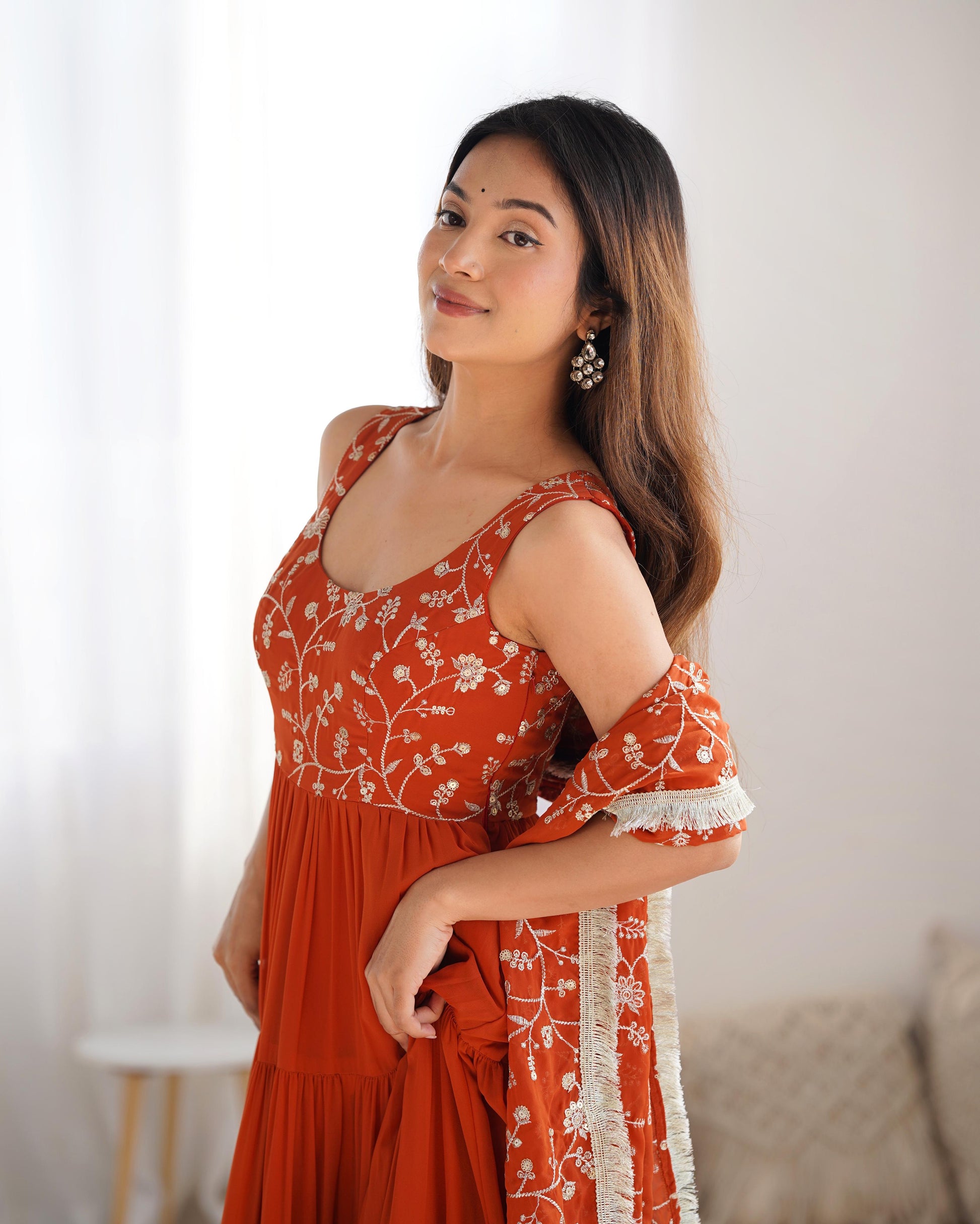 Regal Elegance in Every Twirl – Premium Rust Anarkali Set - Ethnicwish