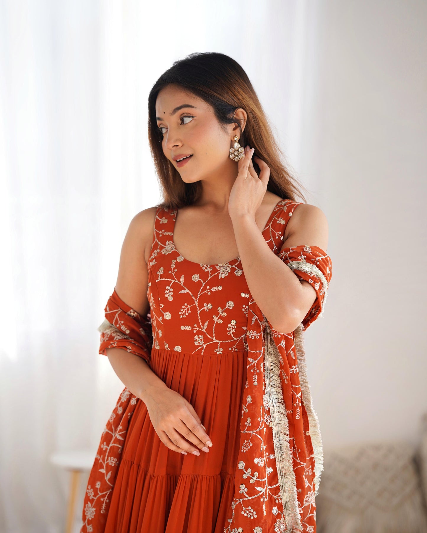Regal Elegance in Every Twirl – Premium Rust Anarkali Set - Ethnicwish