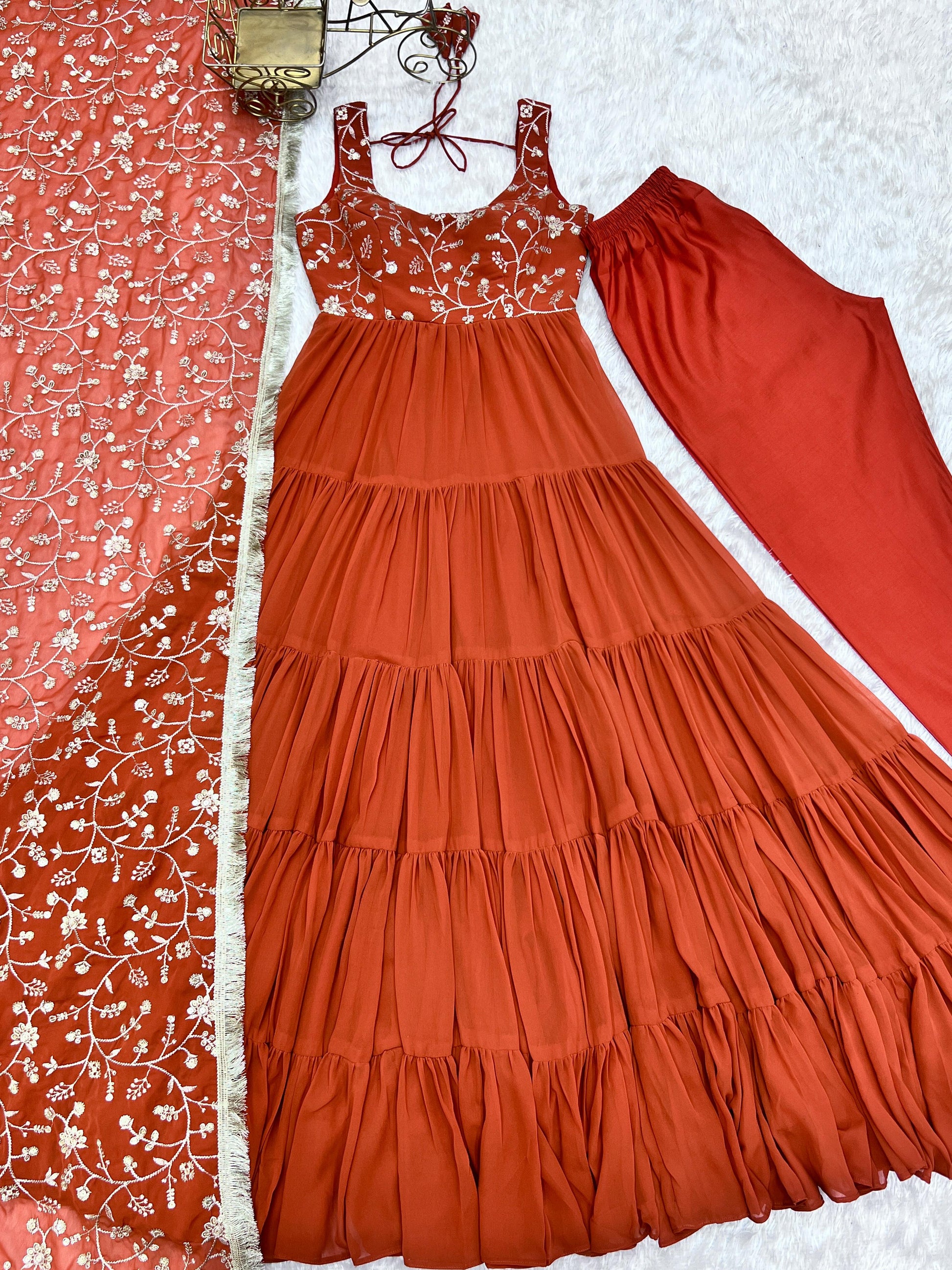 Regal Elegance in Every Twirl – Premium Rust Anarkali Set - Ethnicwish