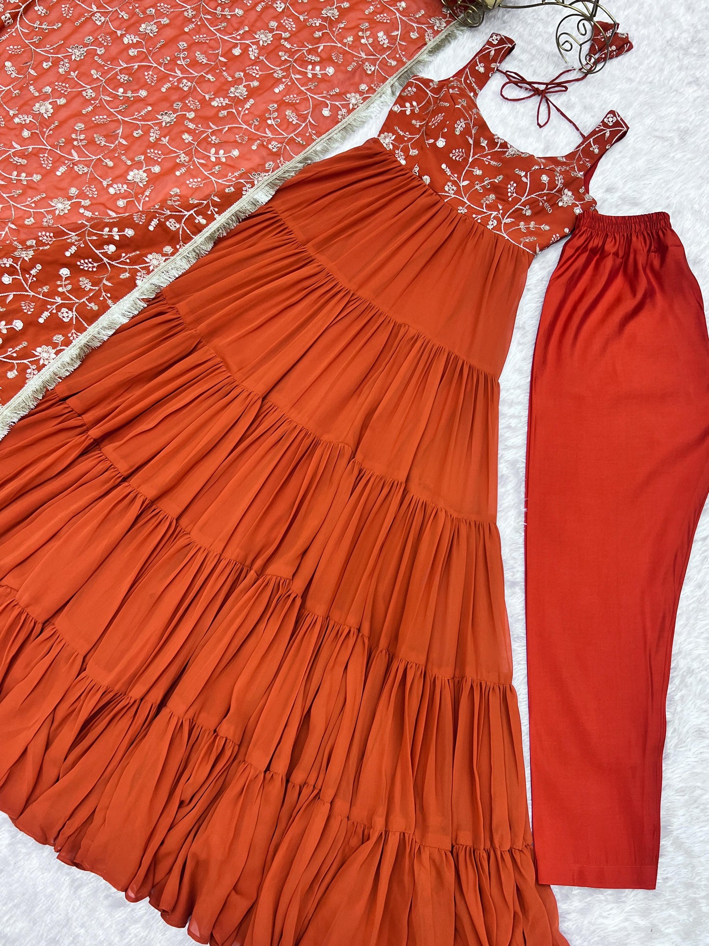 Regal Elegance in Every Twirl – Premium Rust Anarkali Set - Ethnicwish