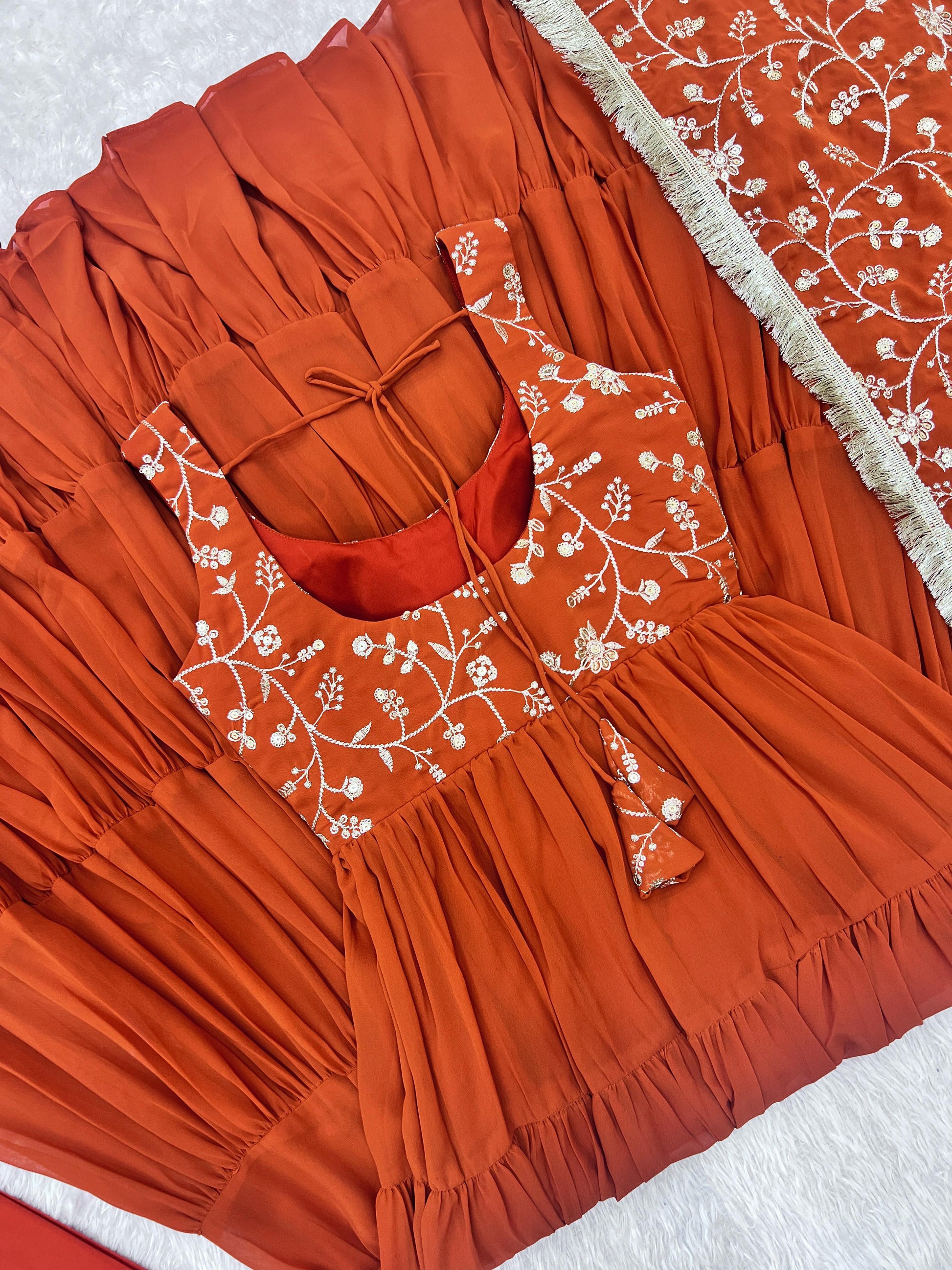 Regal Elegance in Every Twirl – Premium Rust Anarkali Set - Ethnicwish