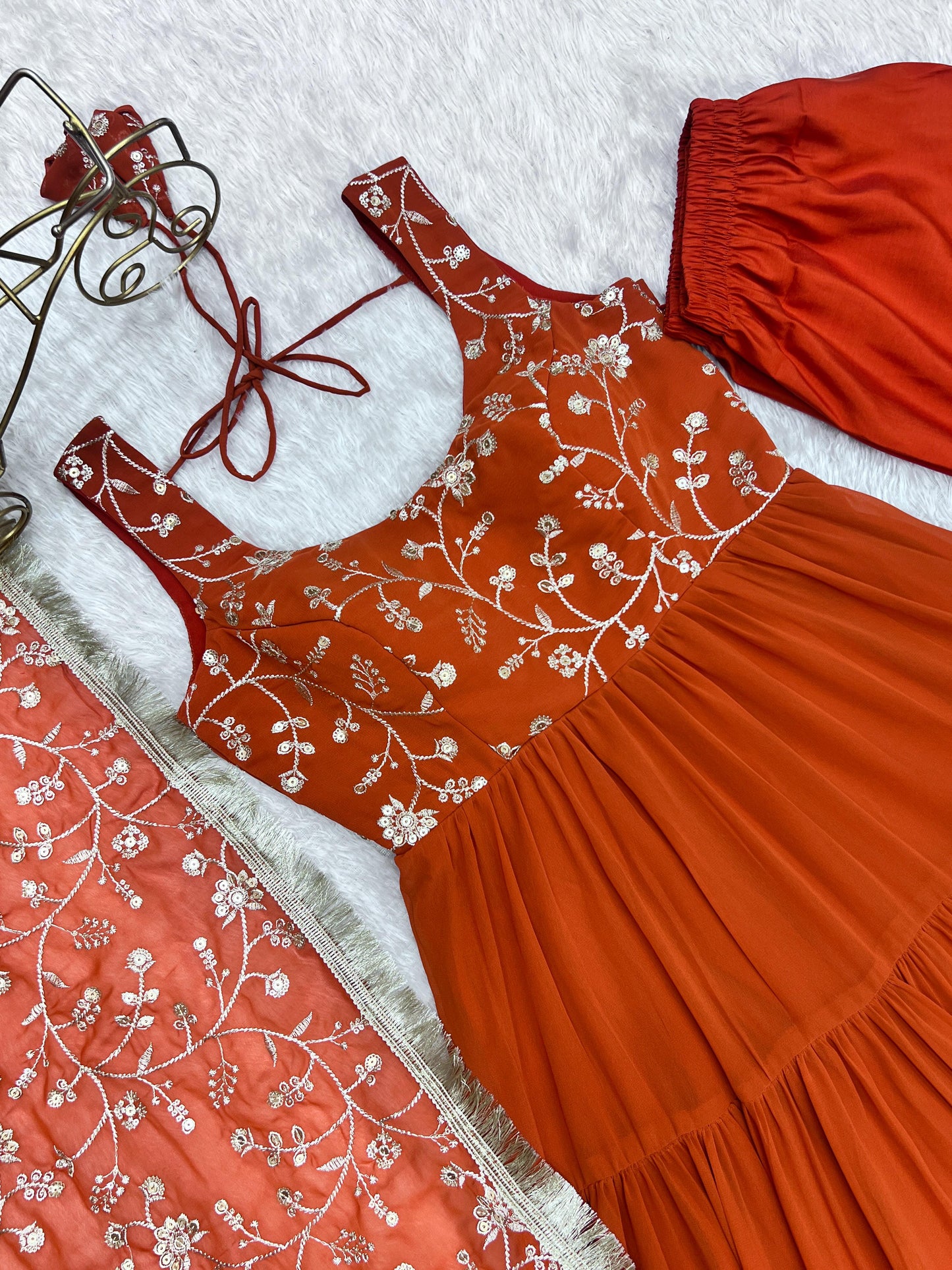 Regal Elegance in Every Twirl – Premium Rust Anarkali Set - Ethnicwish