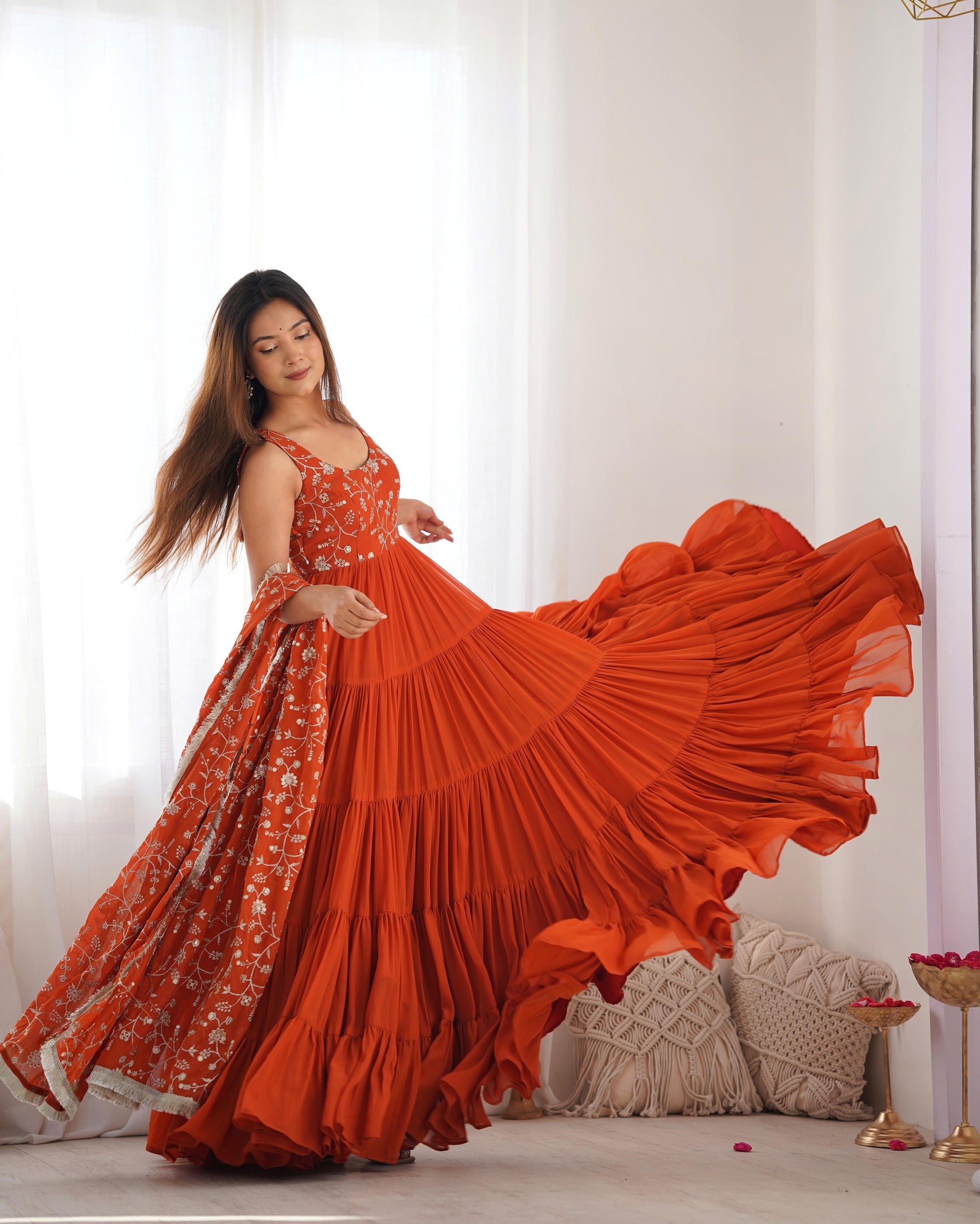 Regal Elegance in Every Twirl – Premium Rust Anarkali Set - Ethnicwish