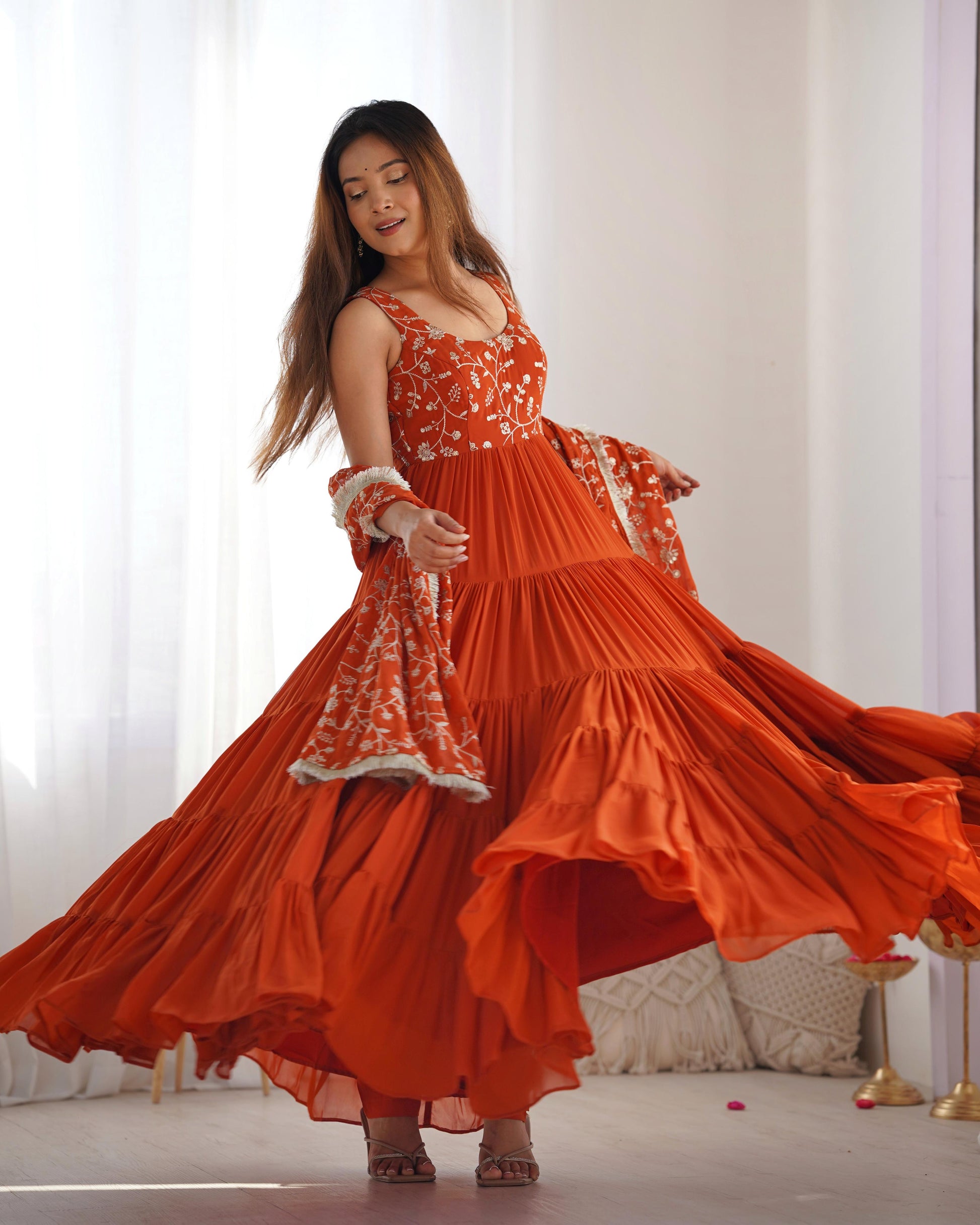 Regal Elegance in Every Twirl – Premium Rust Anarkali Set - Ethnicwish