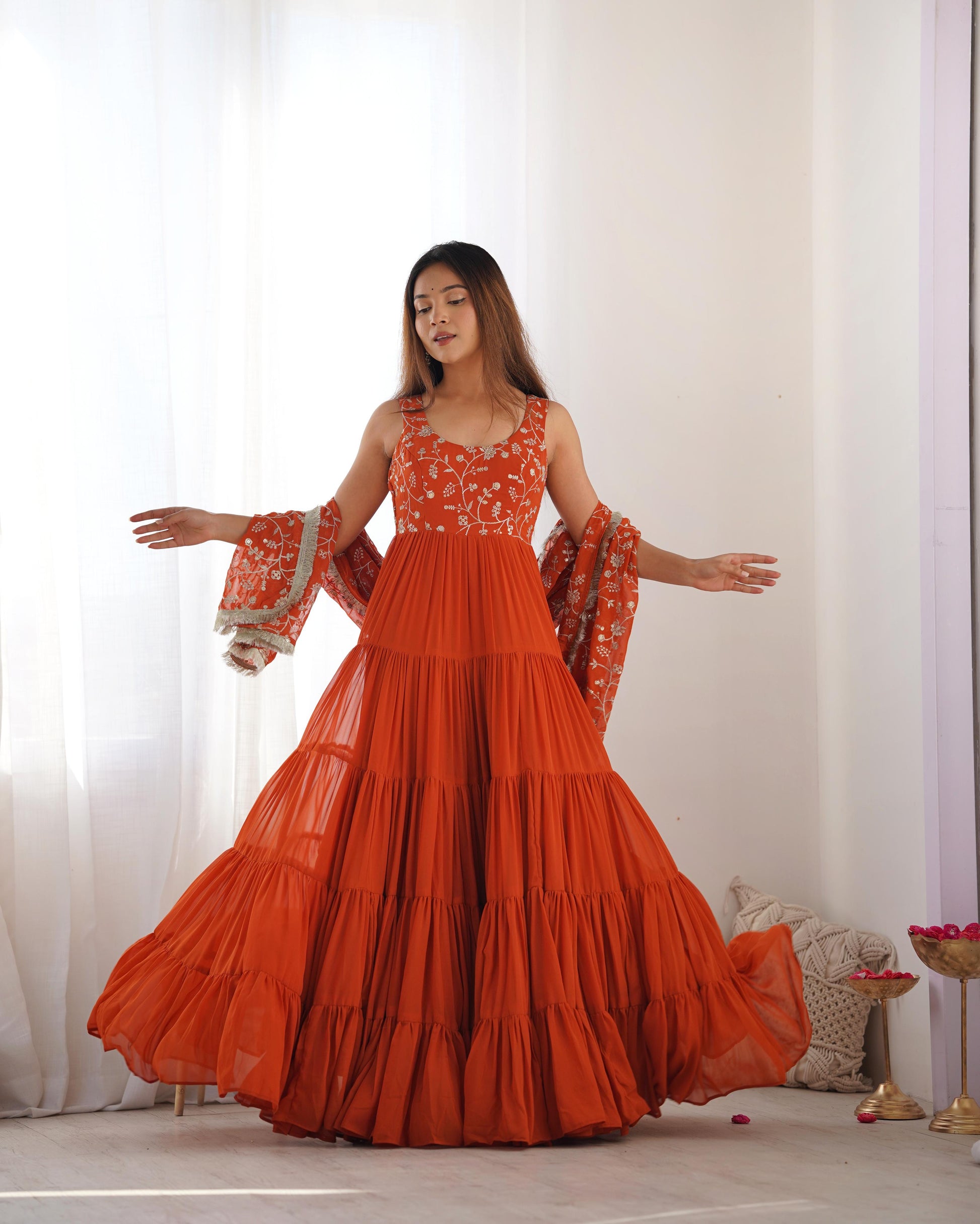 Regal Elegance in Every Twirl – Premium Rust Anarkali Set - Ethnicwish