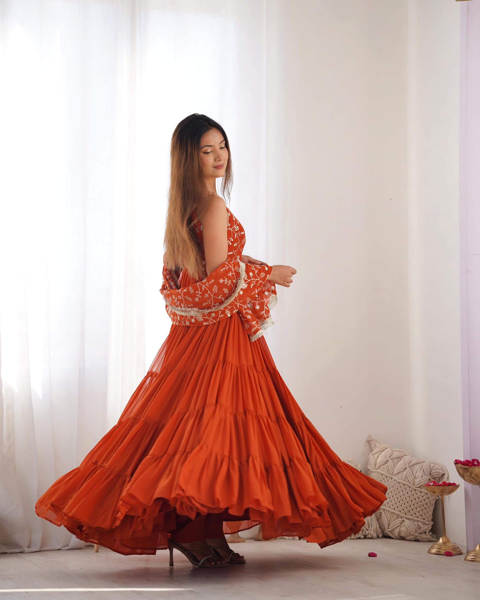 Regal Elegance in Every Twirl – Premium Rust Anarkali Set - Ethnicwish