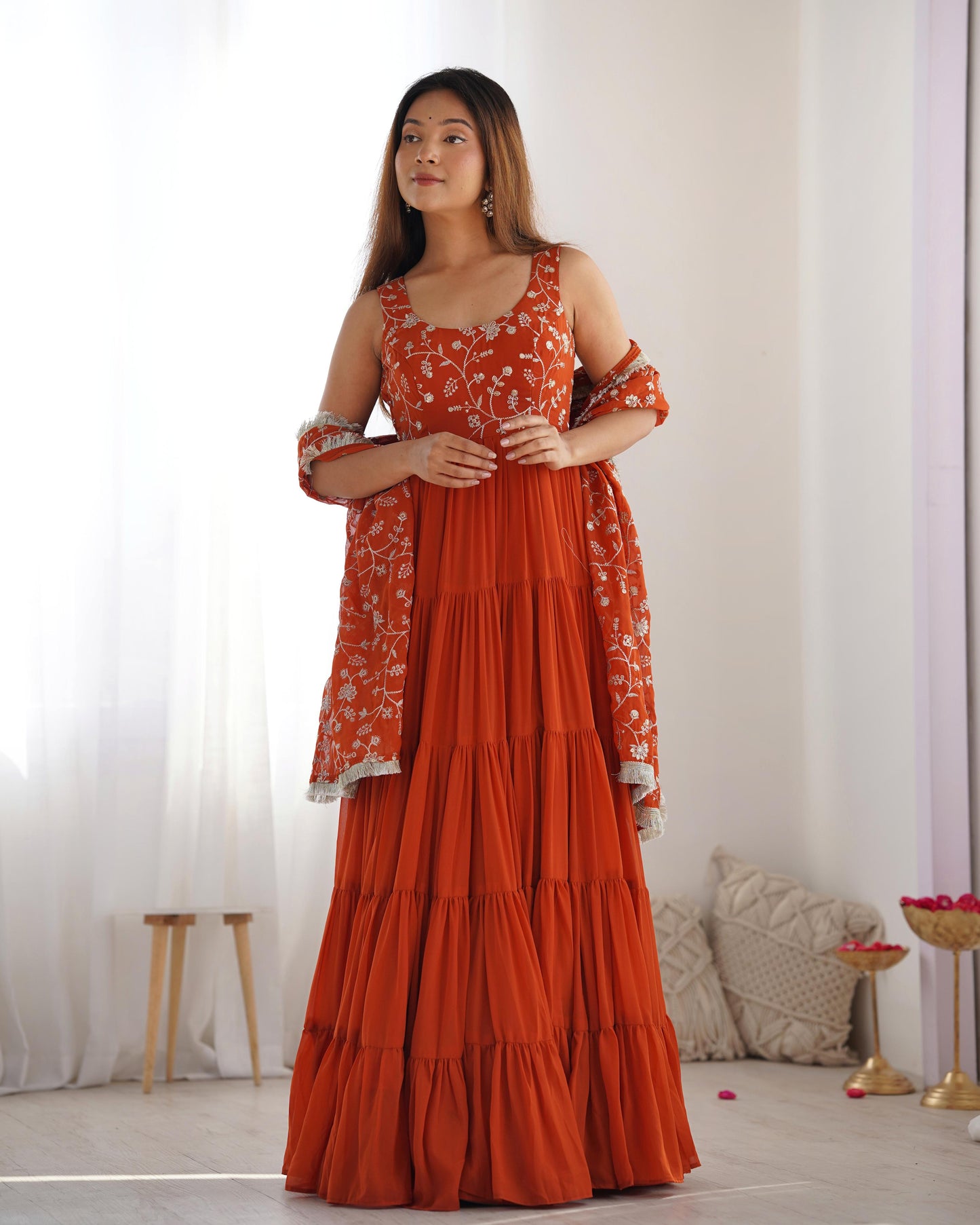 Regal Elegance in Every Twirl – Premium Rust Anarkali Set - Ethnicwish