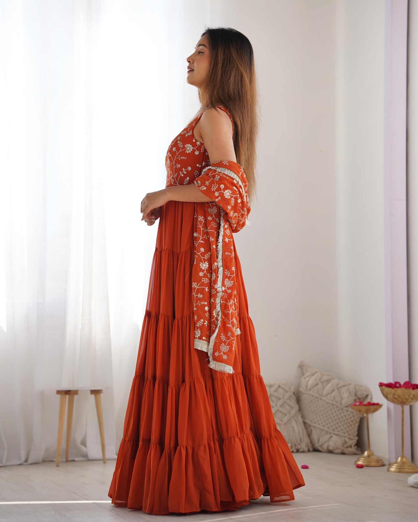 Regal Elegance in Every Twirl – Premium Rust Anarkali Set - Ethnicwish