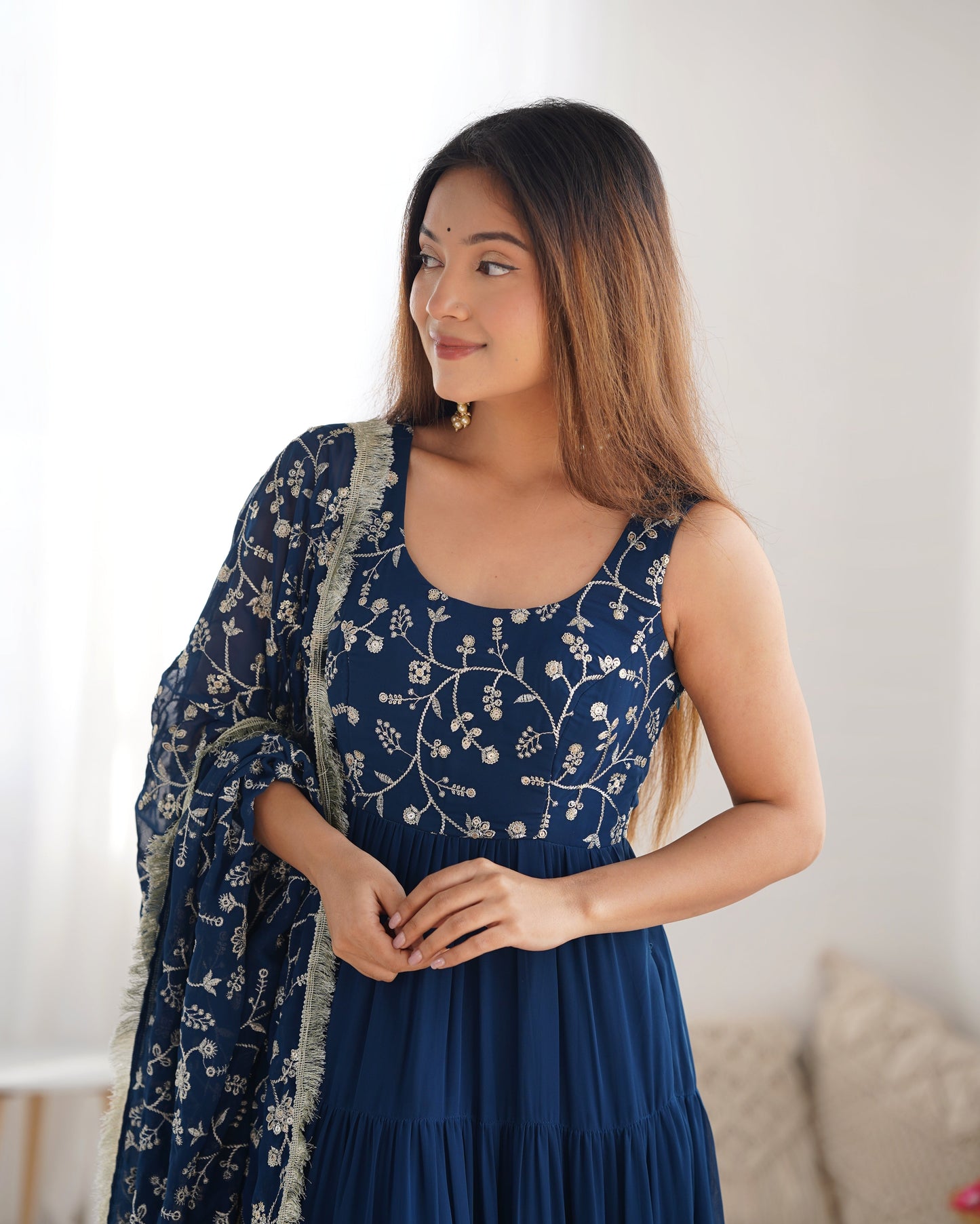 Regal Elegance in Every Twirl – Premium Teal Blue Anarkali Set - Ethnicwish