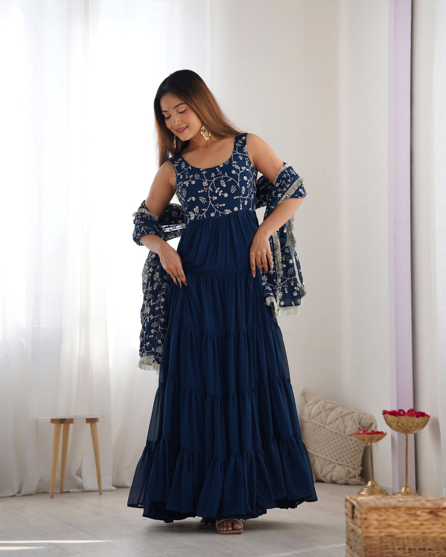 Regal Elegance in Every Twirl – Premium Teal Blue Anarkali Set - Ethnicwish