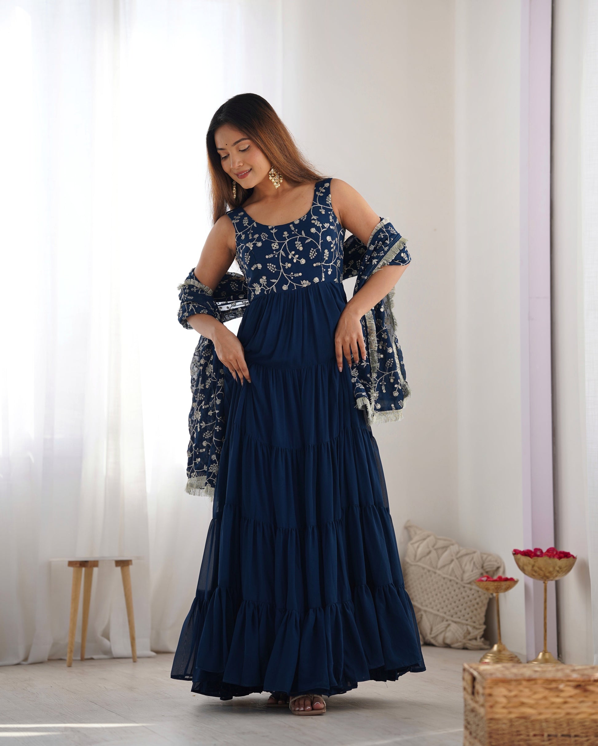 Regal Elegance in Every Twirl – Premium Teal Blue Anarkali Set - Ethnicwish