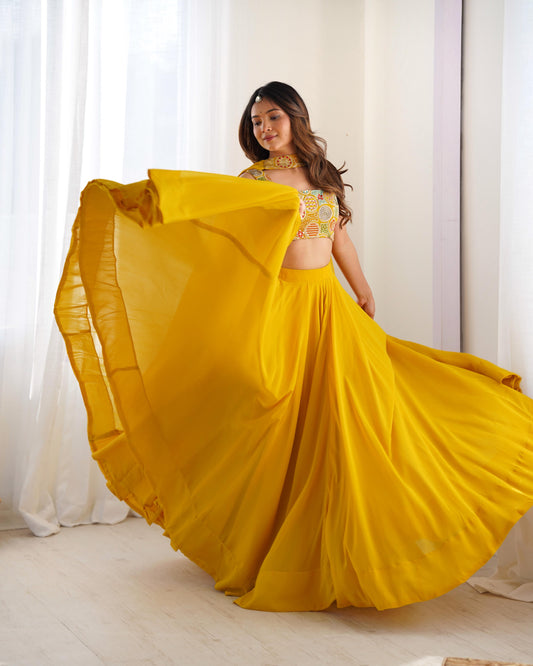 Amazing Yellow Pure Soft Faux Georgette Fully Stitched Lehenga Choli Set - Ethnicwish
