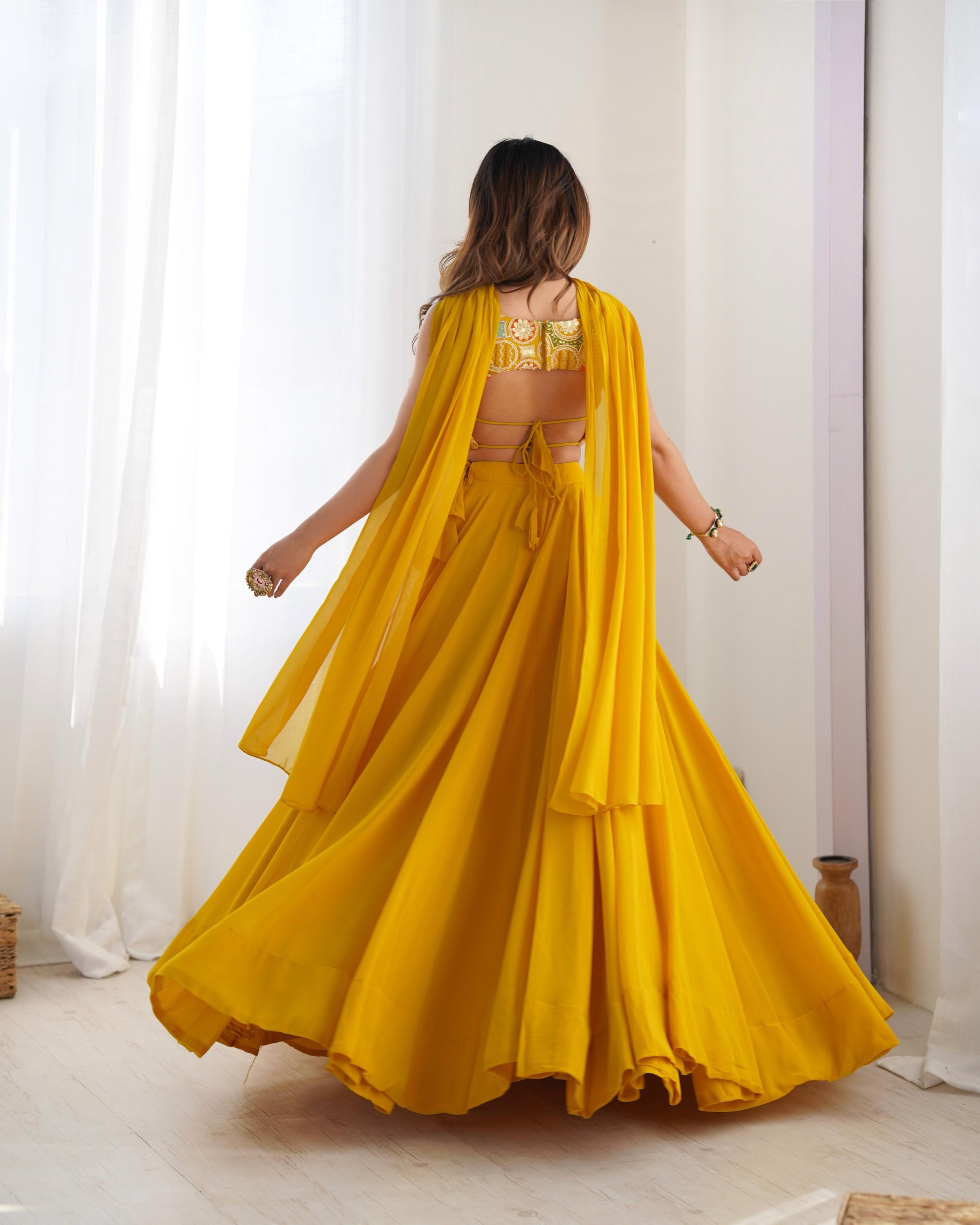 Amazing Yellow Pure Soft Faux Georgette Fully Stitched Lehenga Choli Set - Ethnicwish