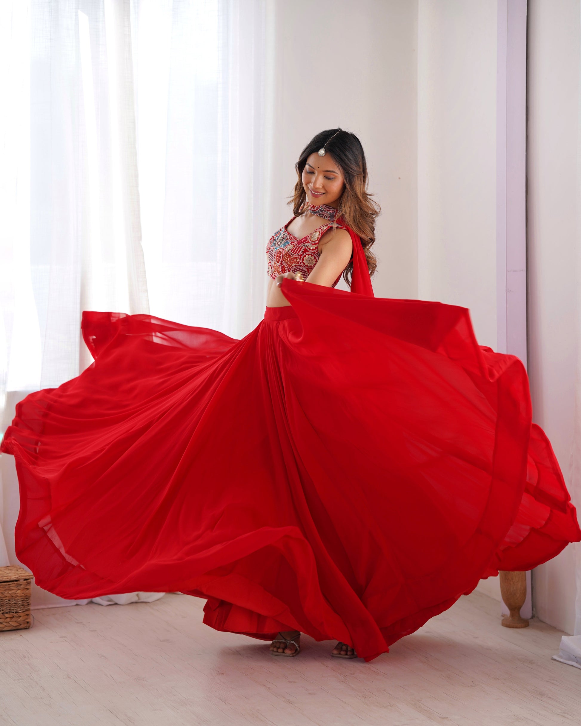 Fabulous Red Pure Soft Faux Georgette Fully Stitched Lehenga Choli Set - Ethnicwish