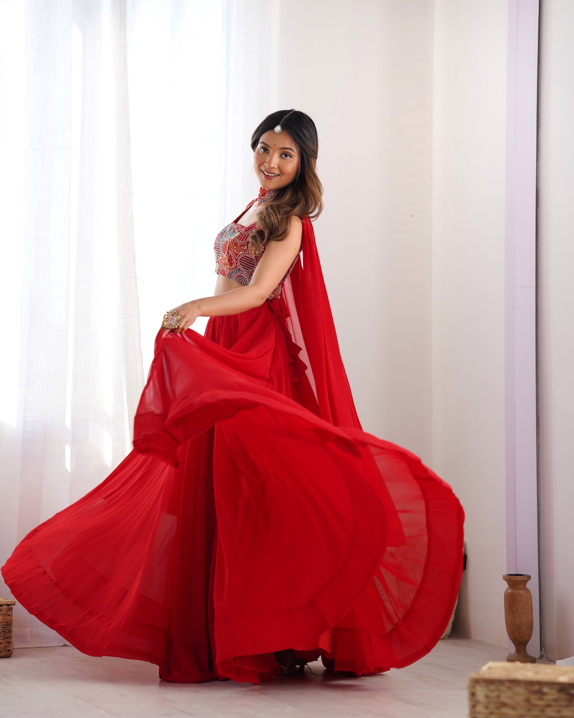 Fabulous Red Pure Soft Faux Georgette Fully Stitched Lehenga Choli Set - Ethnicwish