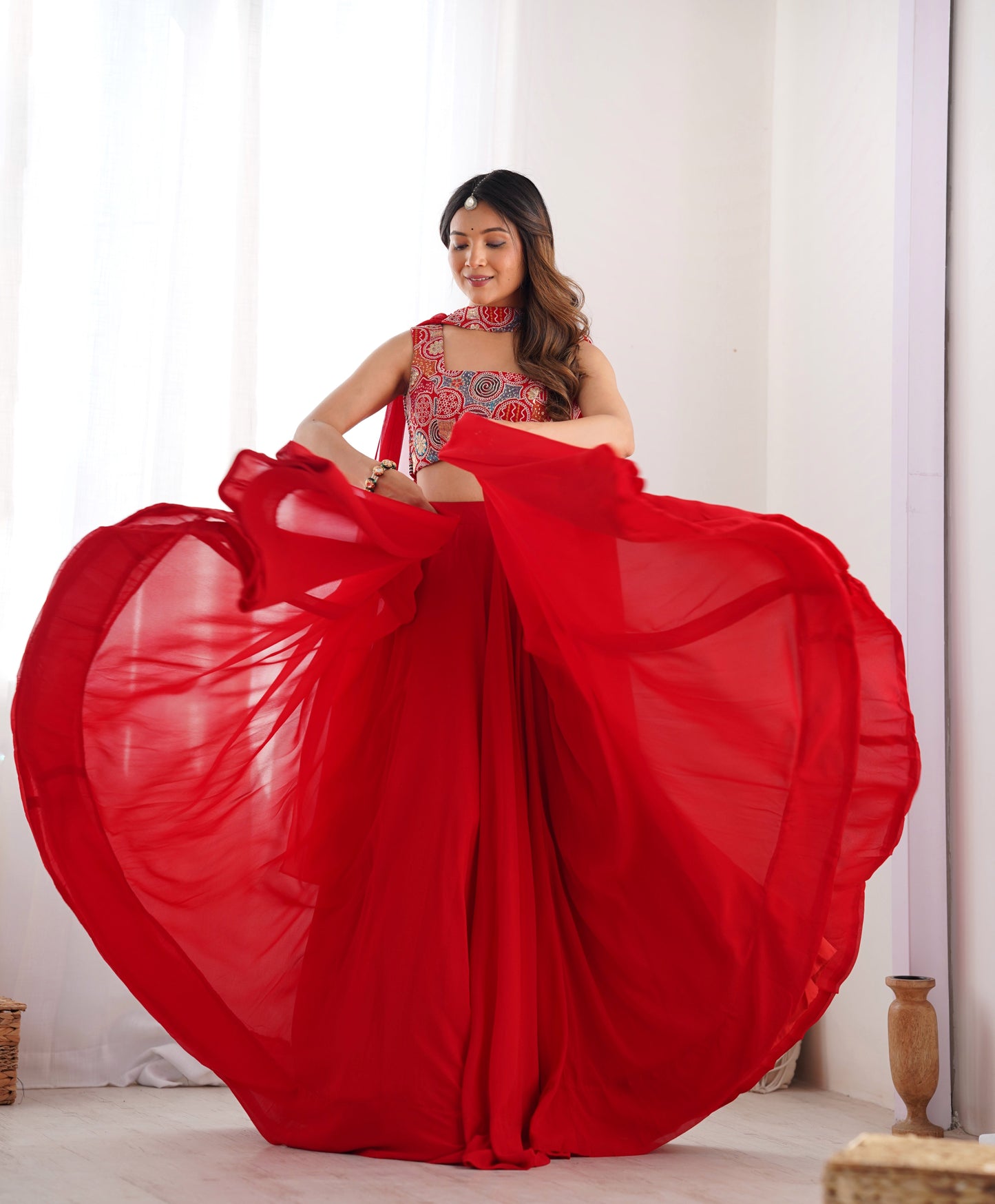 Fabulous Red Pure Soft Faux Georgette Fully Stitched Lehenga Choli Set - Ethnicwish