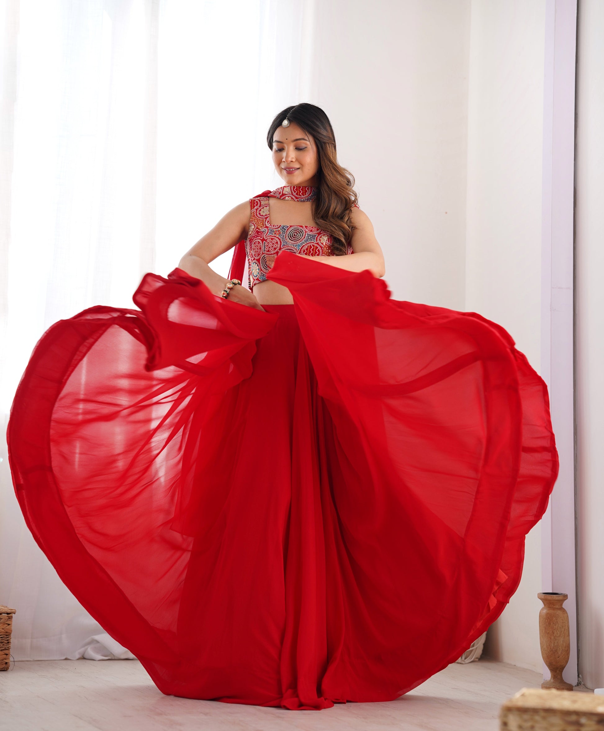 Fabulous Red Pure Soft Faux Georgette Fully Stitched Lehenga Choli Set - Ethnicwish