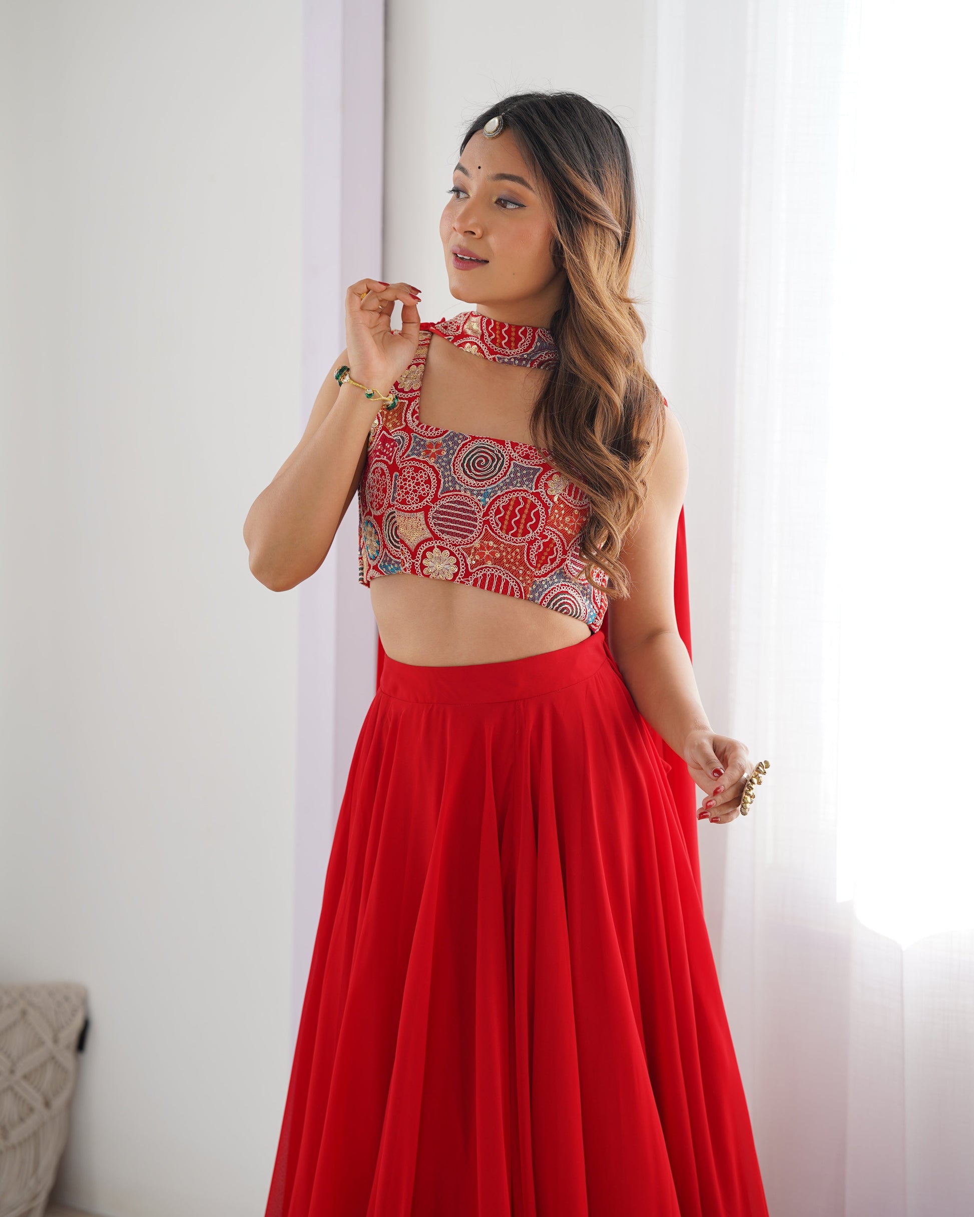 Fabulous Red Pure Soft Faux Georgette Fully Stitched Lehenga Choli Set - Ethnicwish